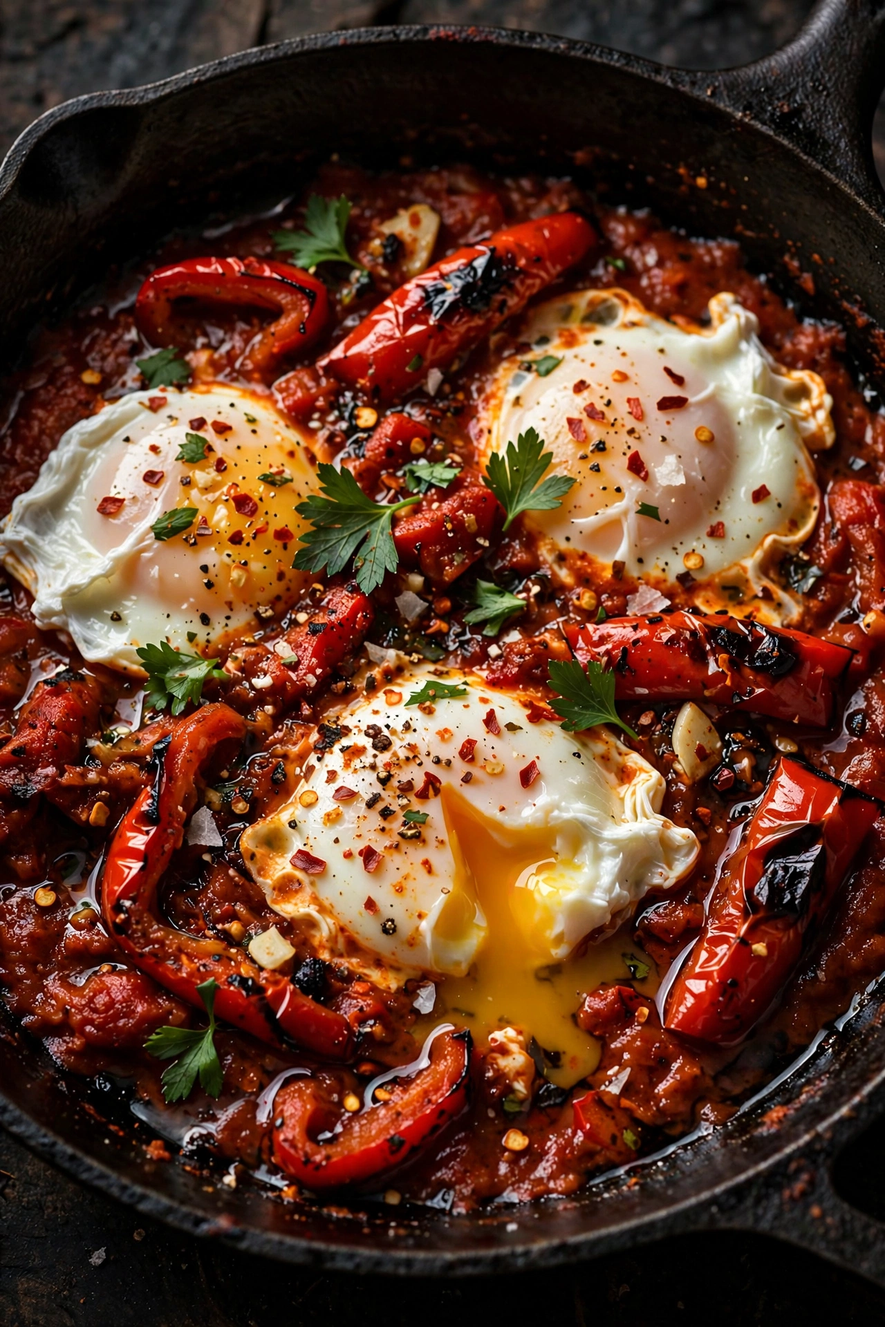 Spicy harissa shakshuka with roasted red peppers and chili flakes in a skillet