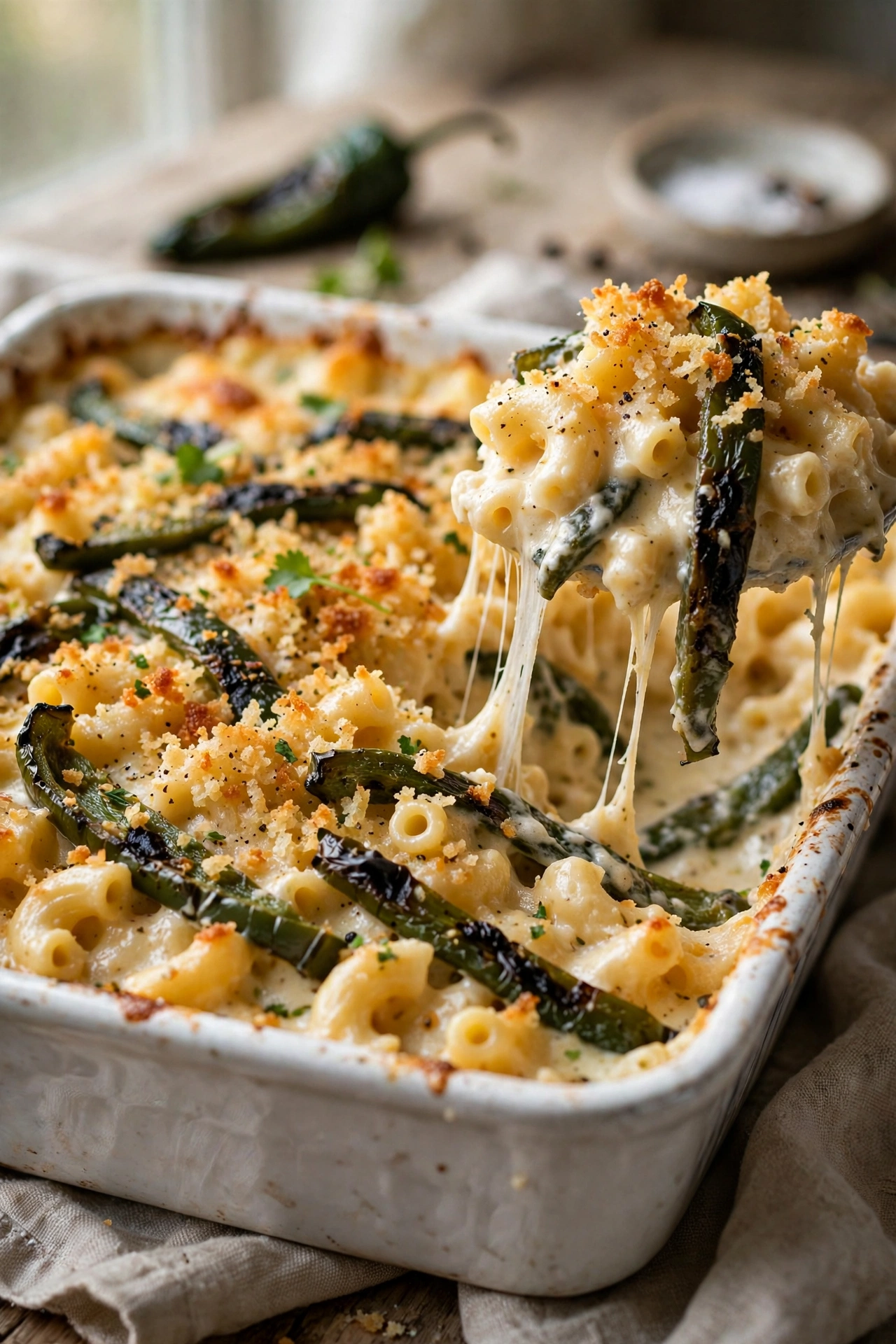Poblano mac and cheese with roasted poblano strips and golden breadcrumb topping