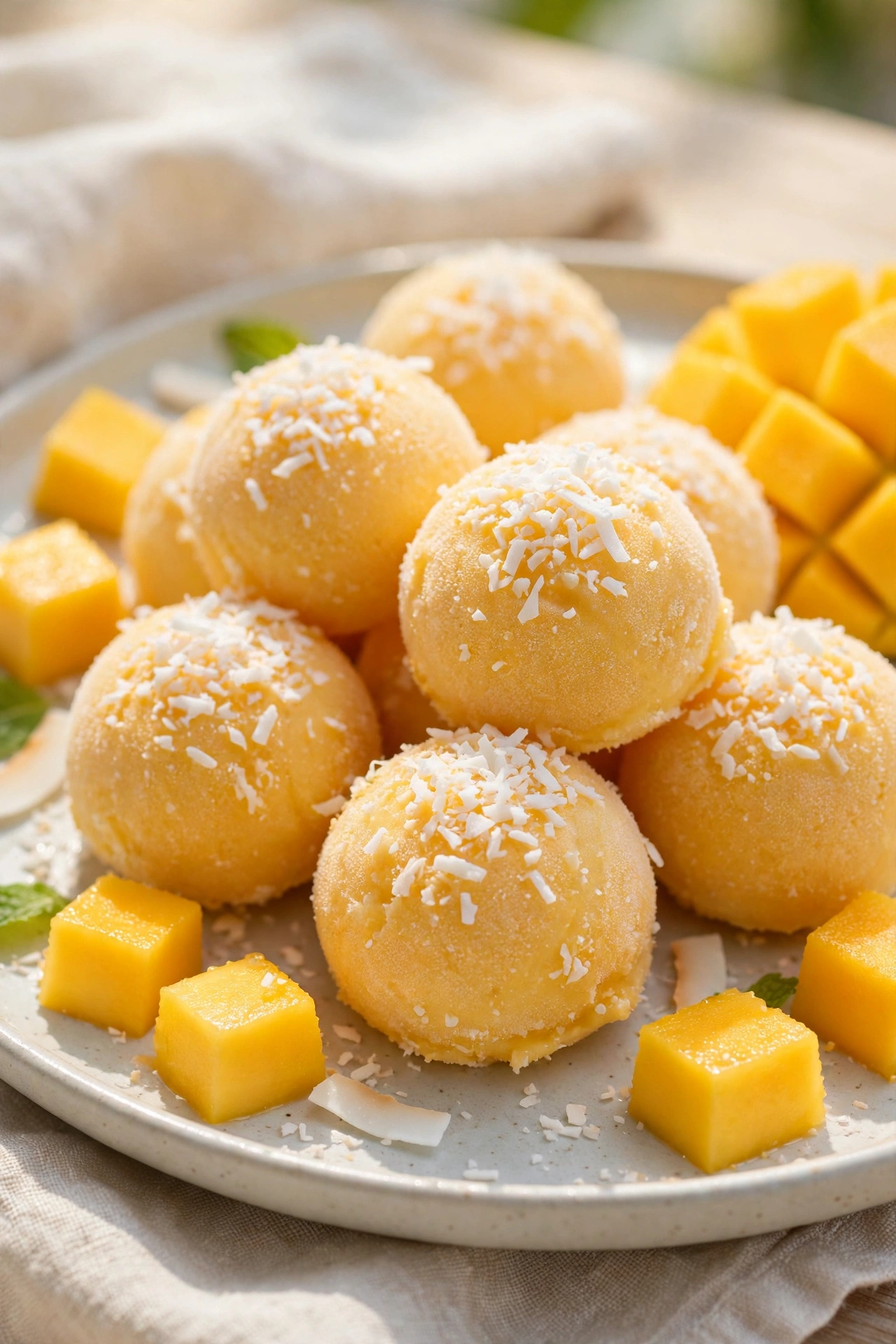 Mango coconut frozen yogurt bites with coconut flakes and mango cubes