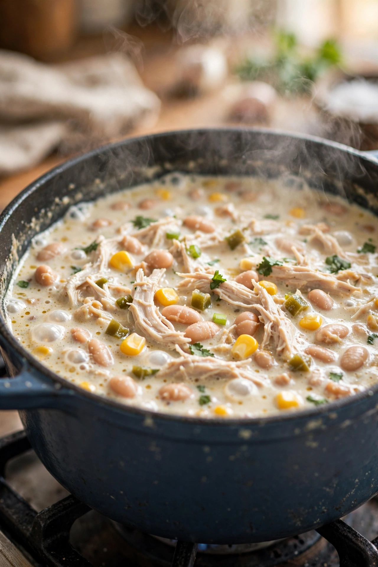 Creamy white chicken chili simmering in a pot with beans corn and shredded chicken