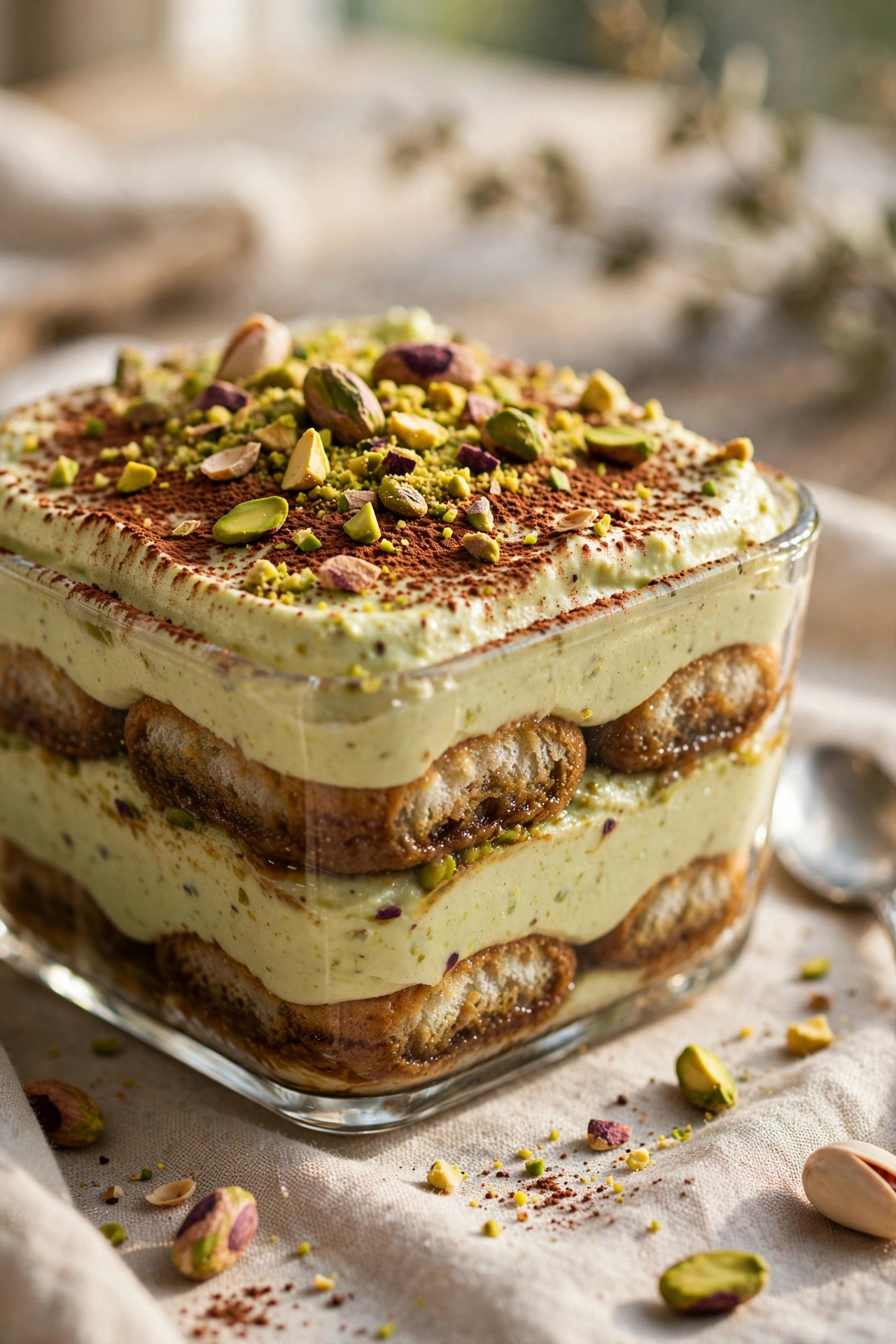 Pistachio tiramisu with mascarpone layers in a glass dish