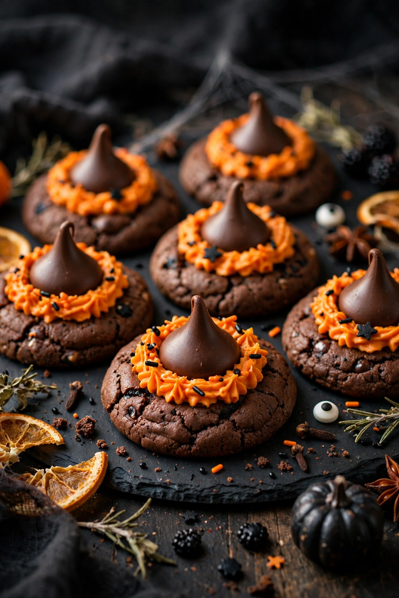 Halloween witch hat cookies with chocolate kiss hats and orange frosting brims