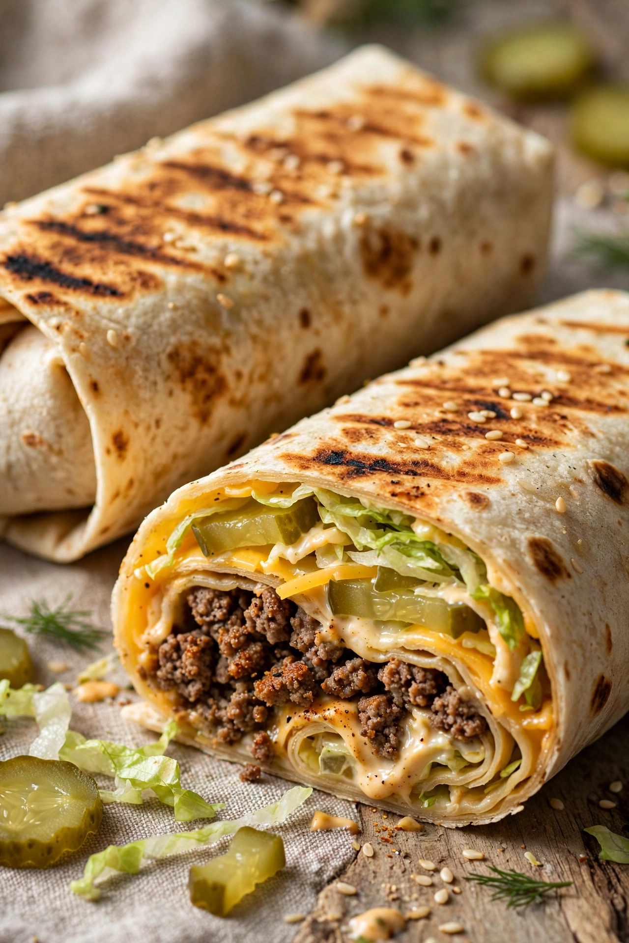 Big Mac wraps with seasoned beef and special sauce, one cut open