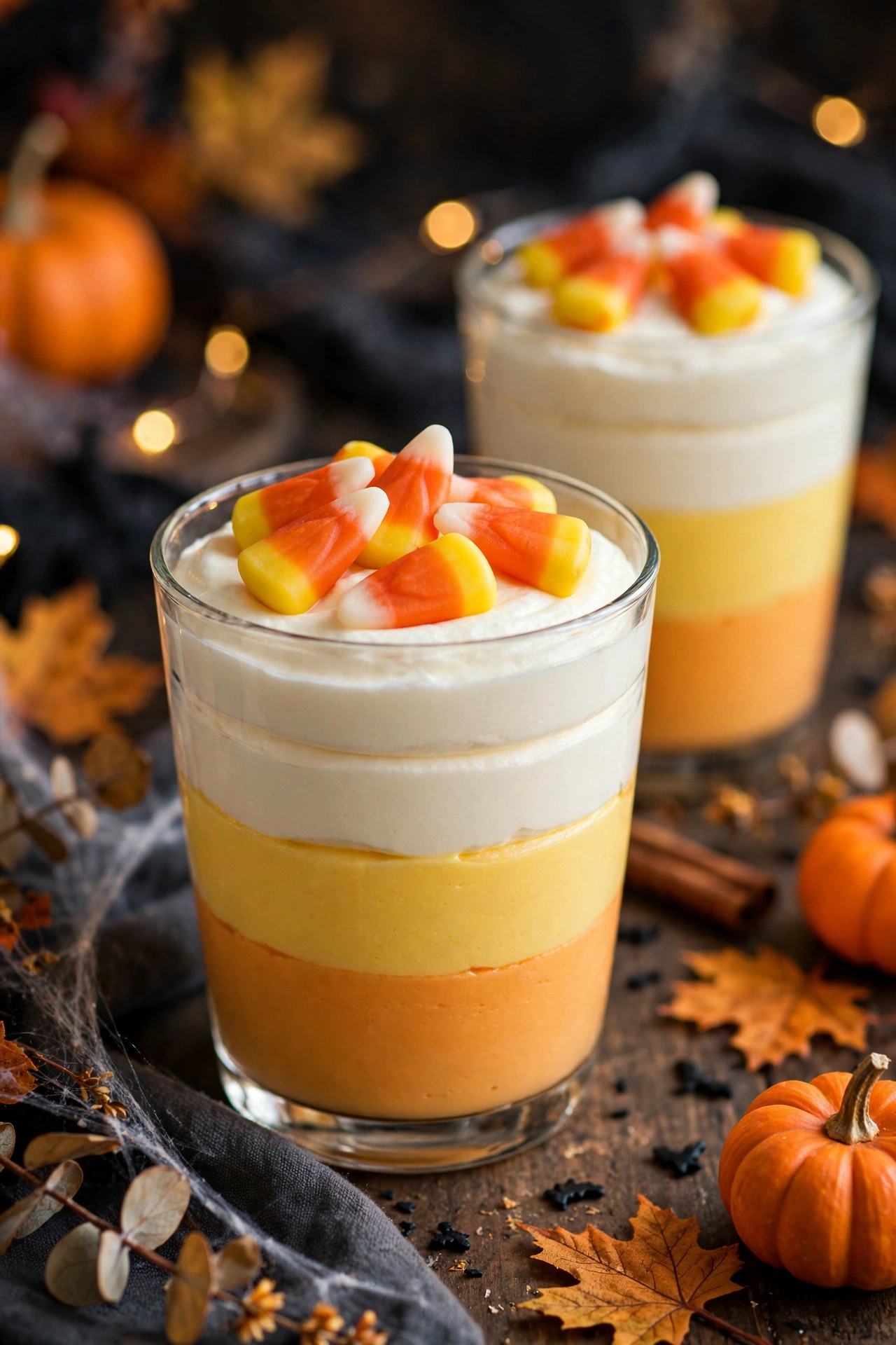 Halloween candy corn parfaits with orange yellow and white cream layers in clear glasses