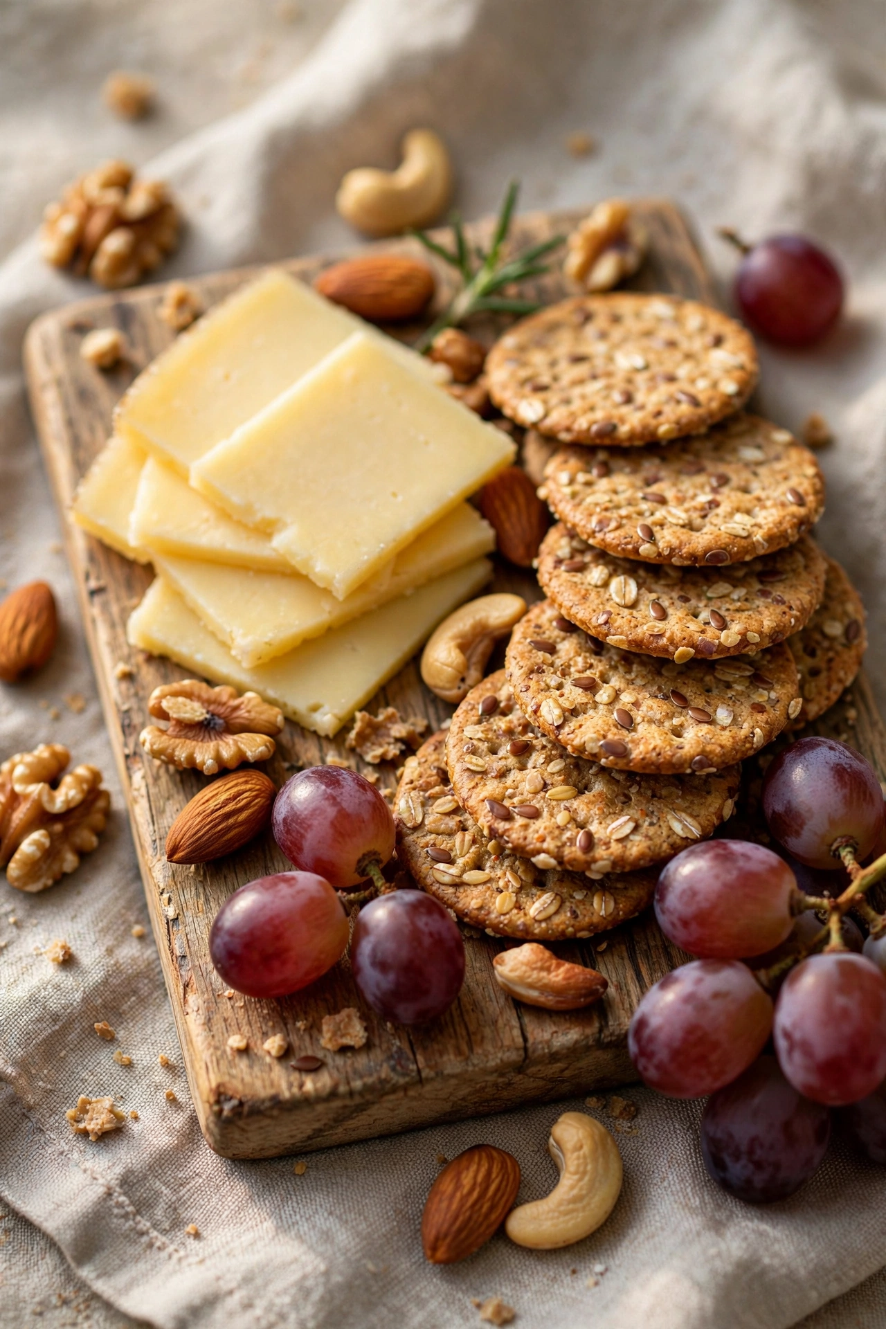 Mini cheese and cracker board with grapes and nuts