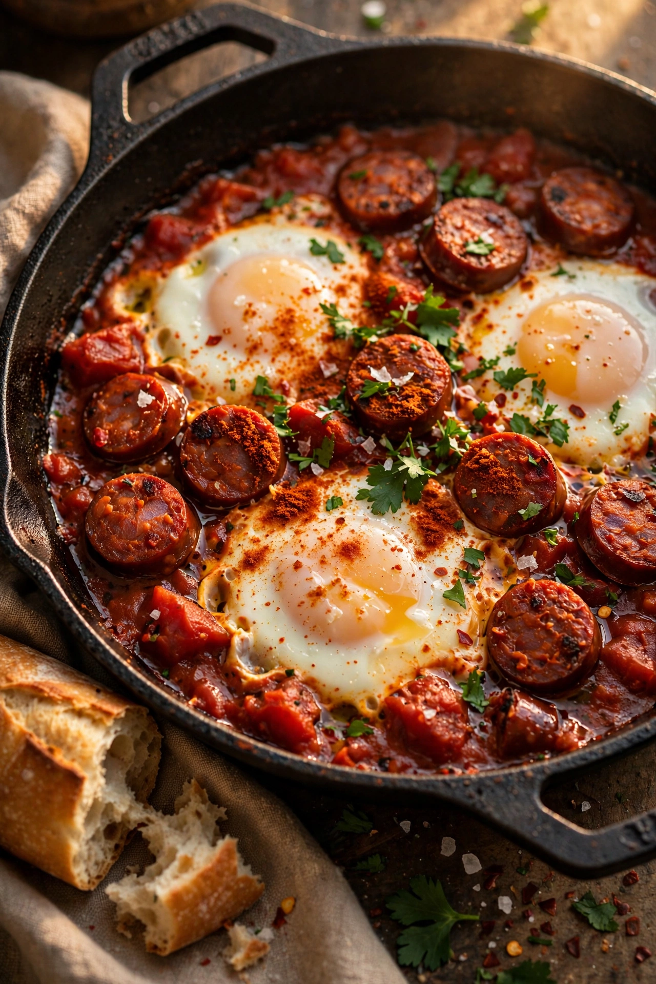 Chorizo shakshuka with sliced spicy sausage in smoky tomato sauce