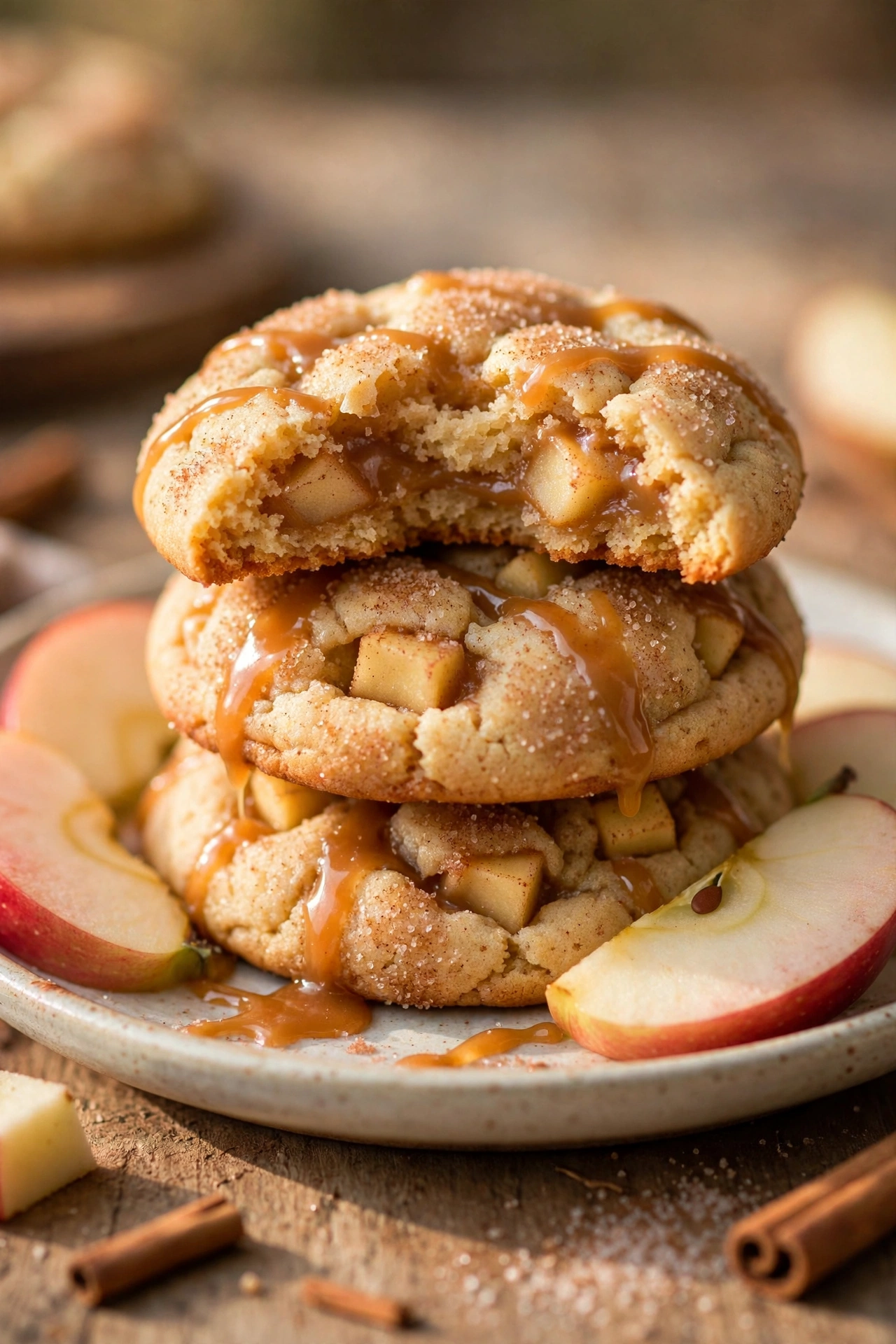 Caramel apple cookies with caramel drizzle stacked on a plate