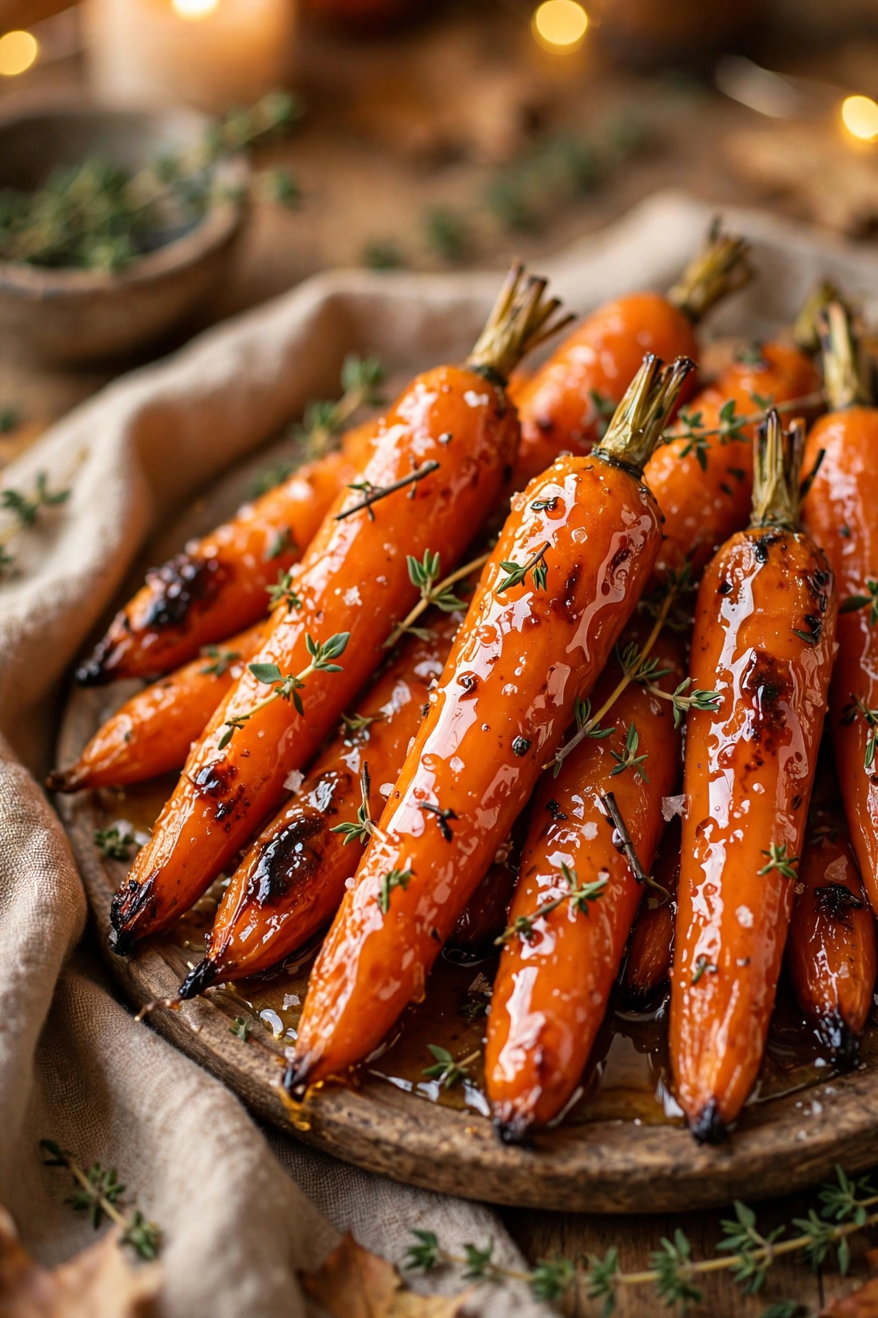 Honey glazed roasted carrots with fresh thyme on a serving platter