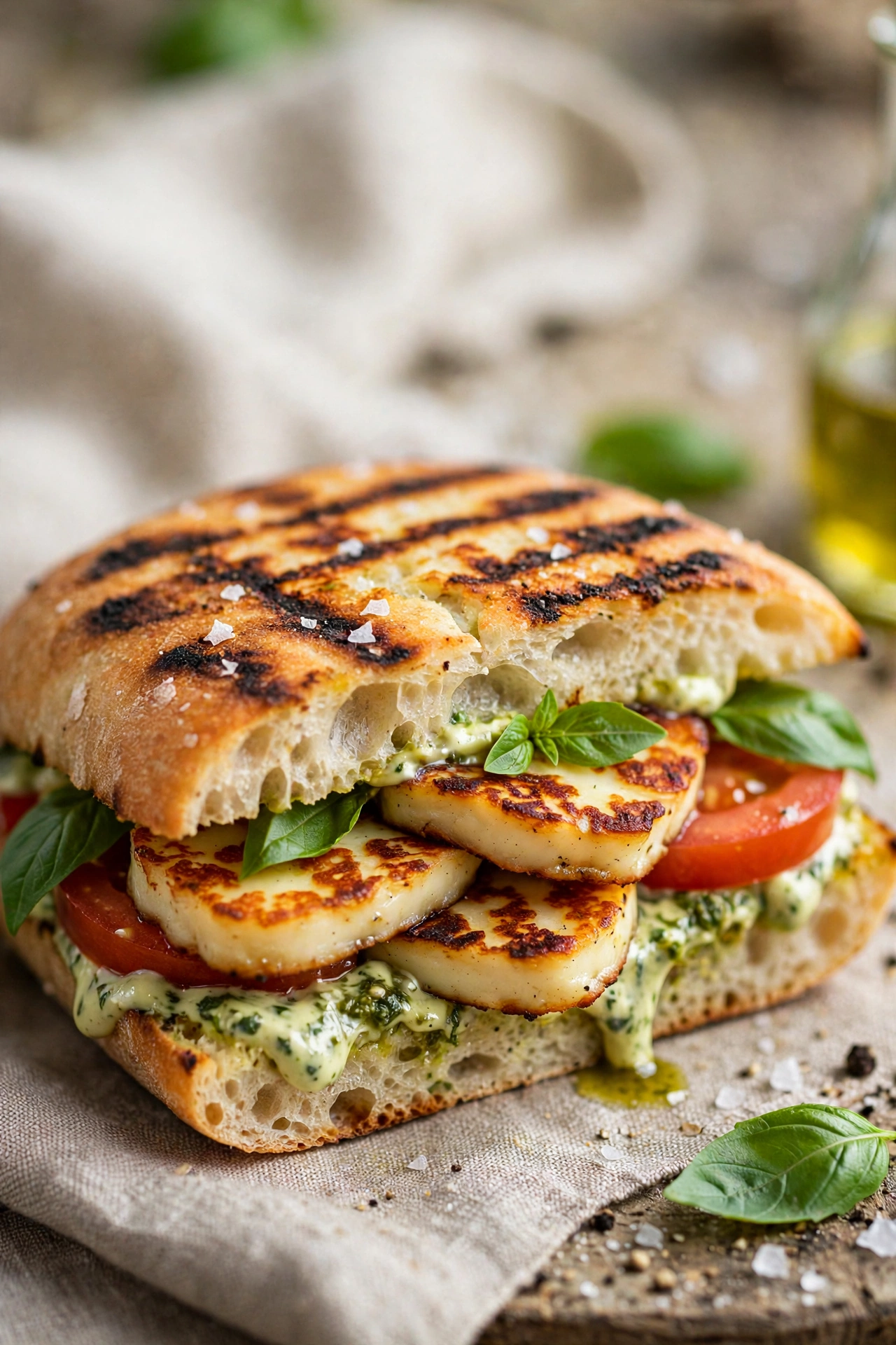 Grilled halloumi basil sandwich with pesto mayo on ciabatta