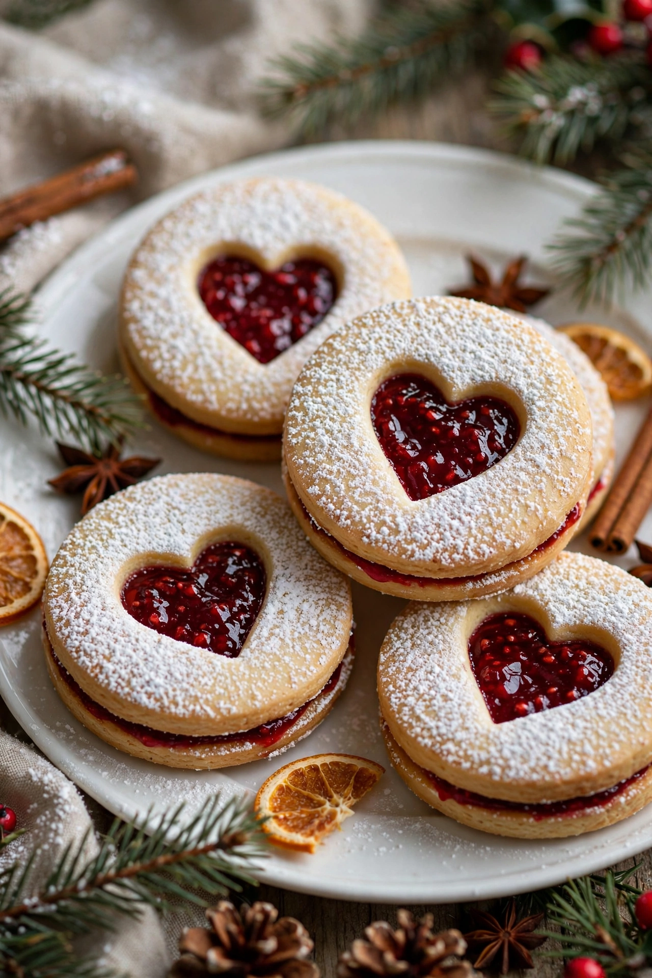 Linzer cookies with heart cutouts and raspberry jam dusted with powdered sugar