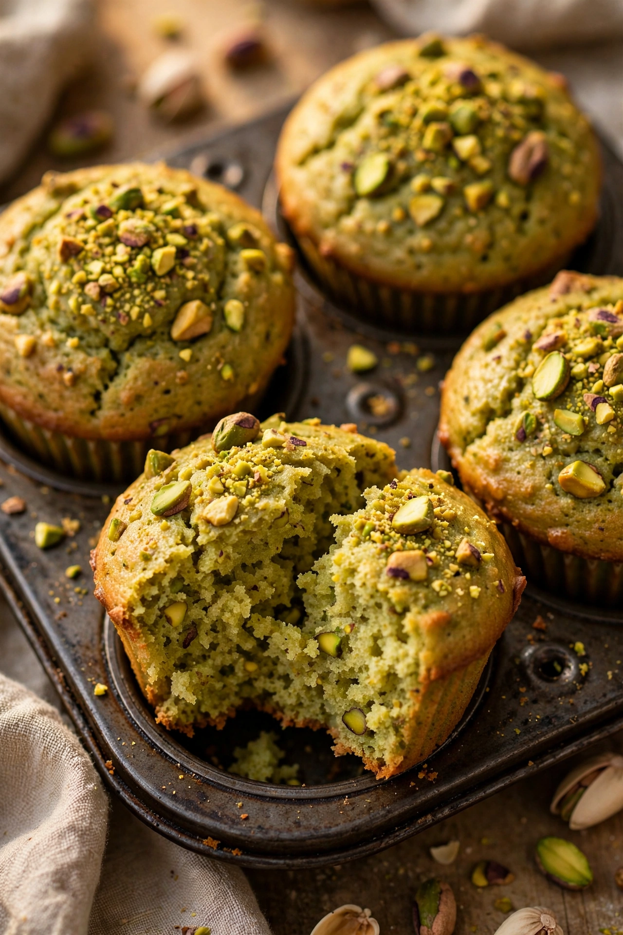 Pistachio muffins with crushed pistachio tops in a muffin tin