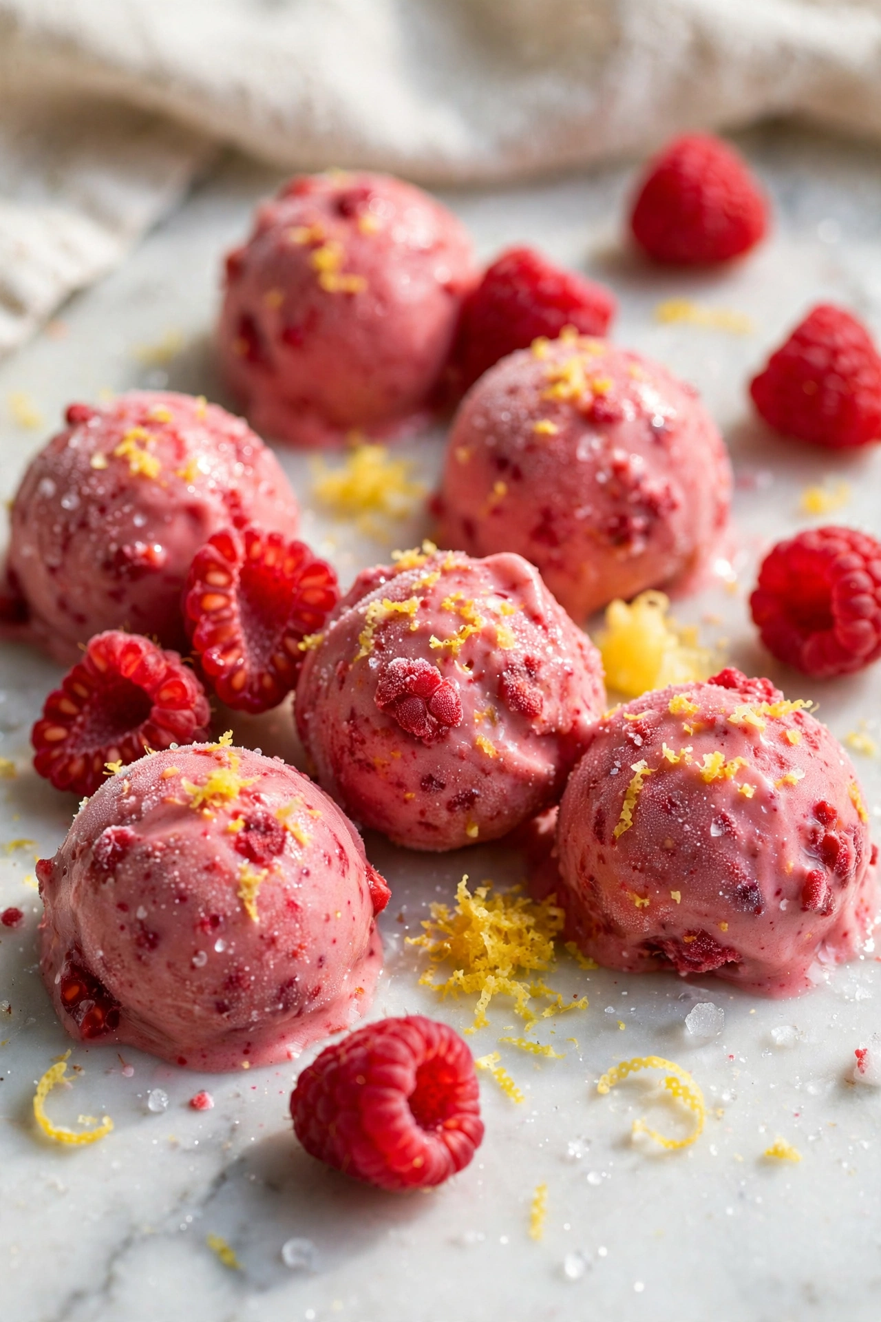 Raspberry lemon frozen yogurt bites with fresh raspberries and lemon zest on marble