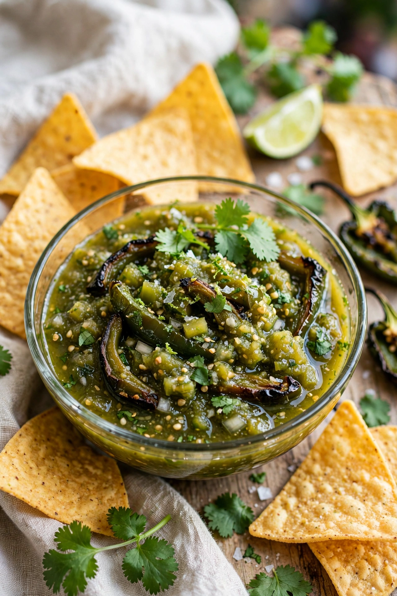 Roasted poblano salsa verde with tortilla chips in a glass bowl