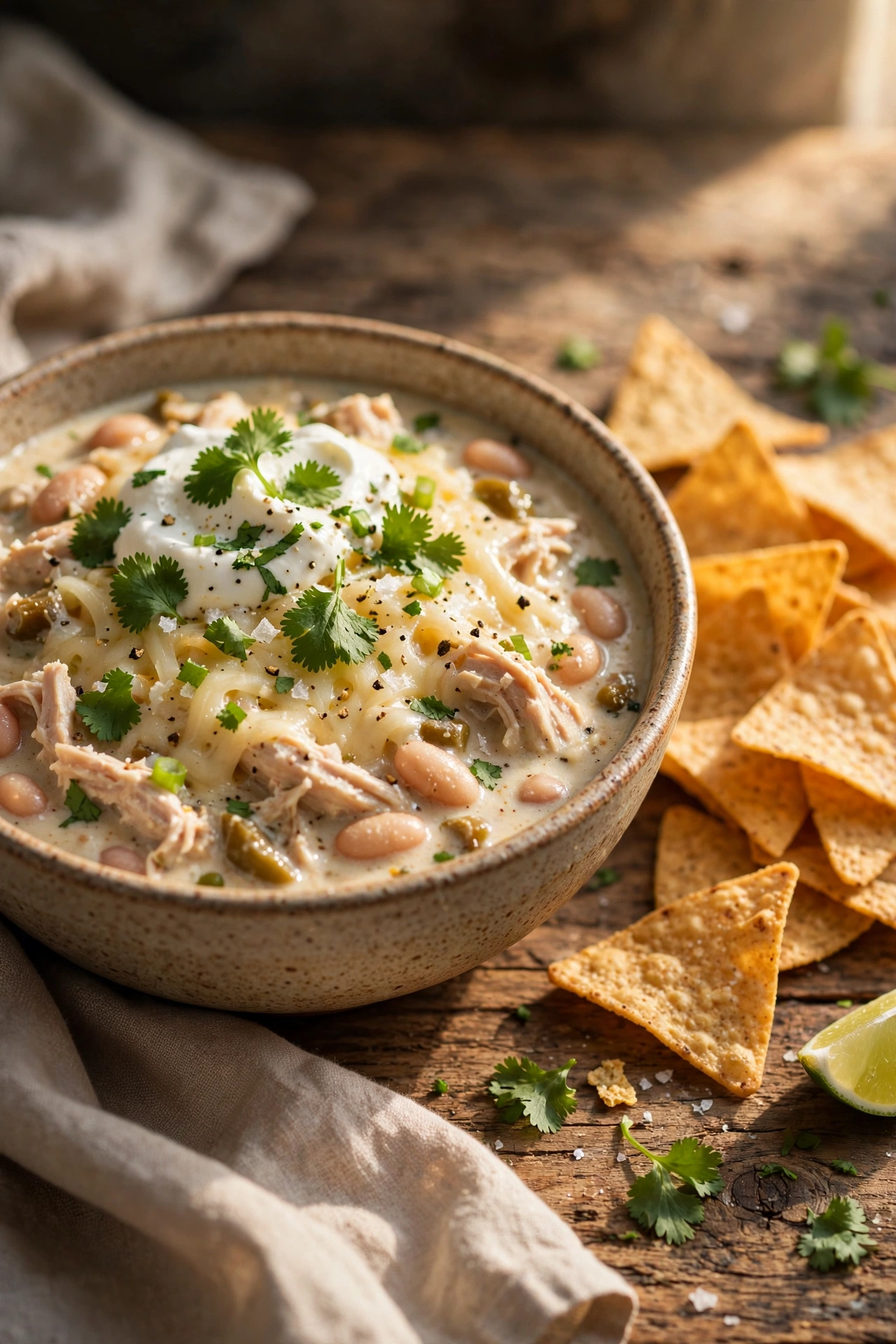 Bowl of white chicken chili with toppings and tortilla chips on a rustic table