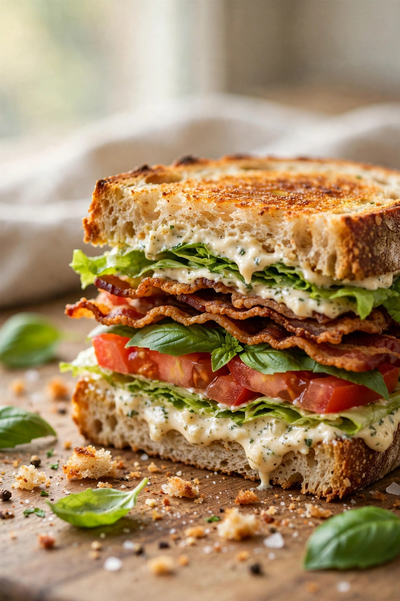 Basil BLT with crispy bacon and garlic mayo, cut showing layers