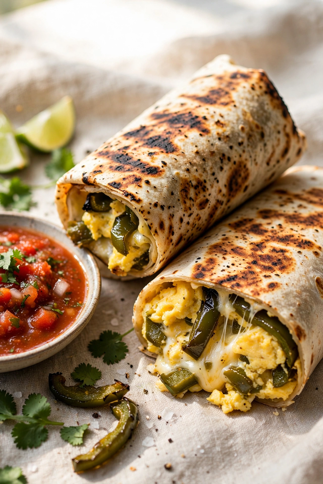 Poblano breakfast burritos with scrambled eggs and cheese, one cut open