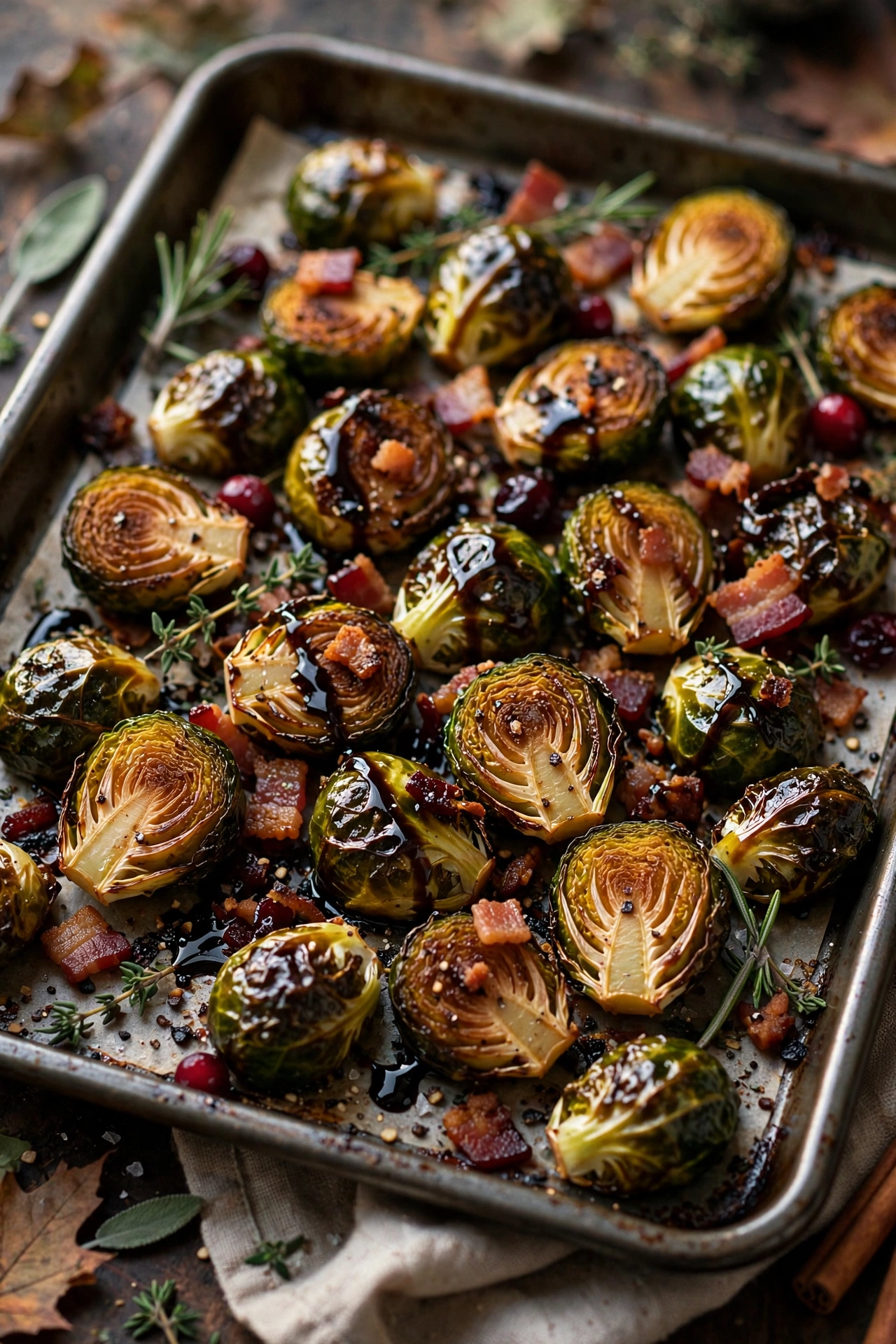 Roasted brussels sprouts with bacon bits and balsamic drizzle