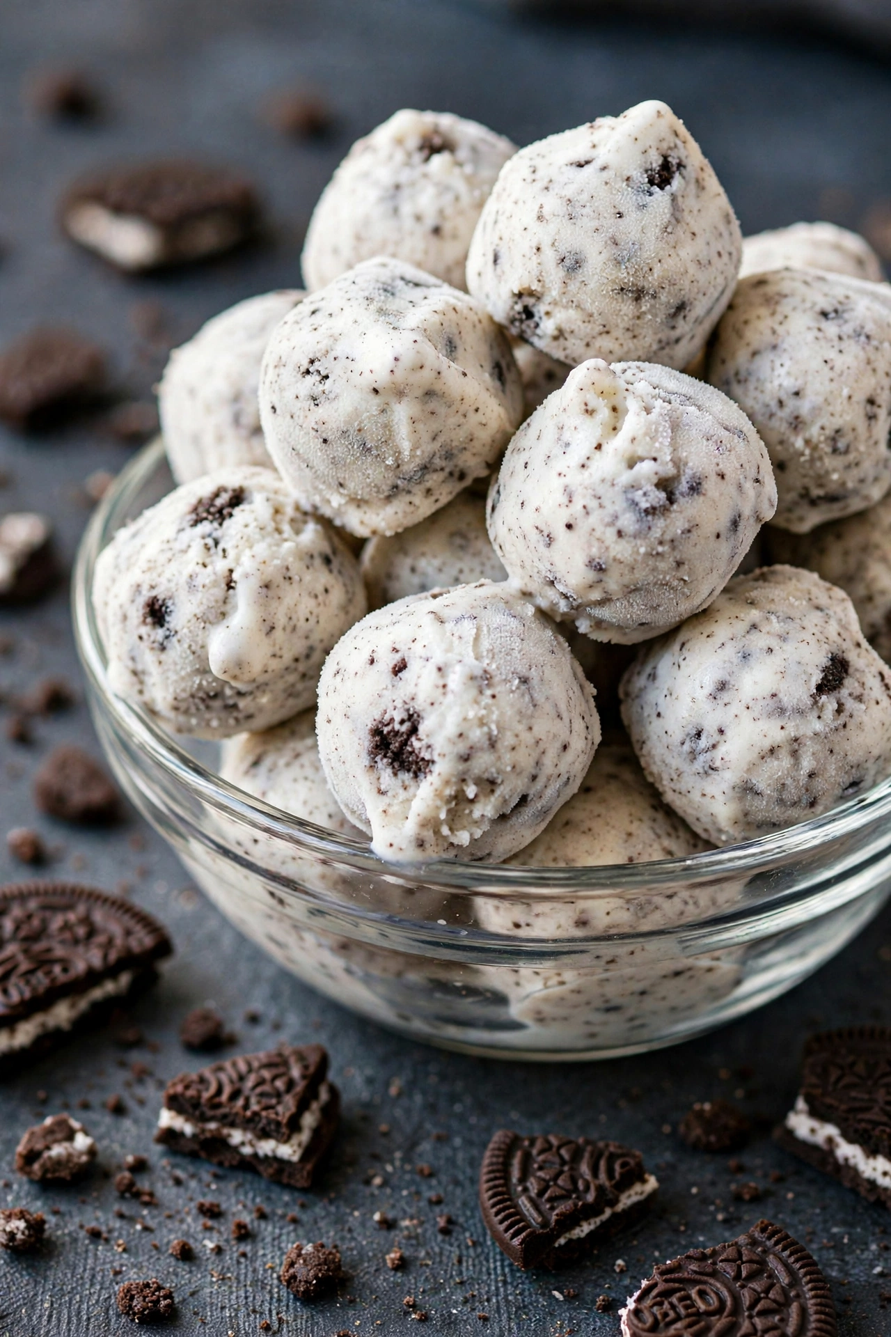 Cookies and cream frozen yogurt bites with chocolate cookie crumbs in a glass bowl