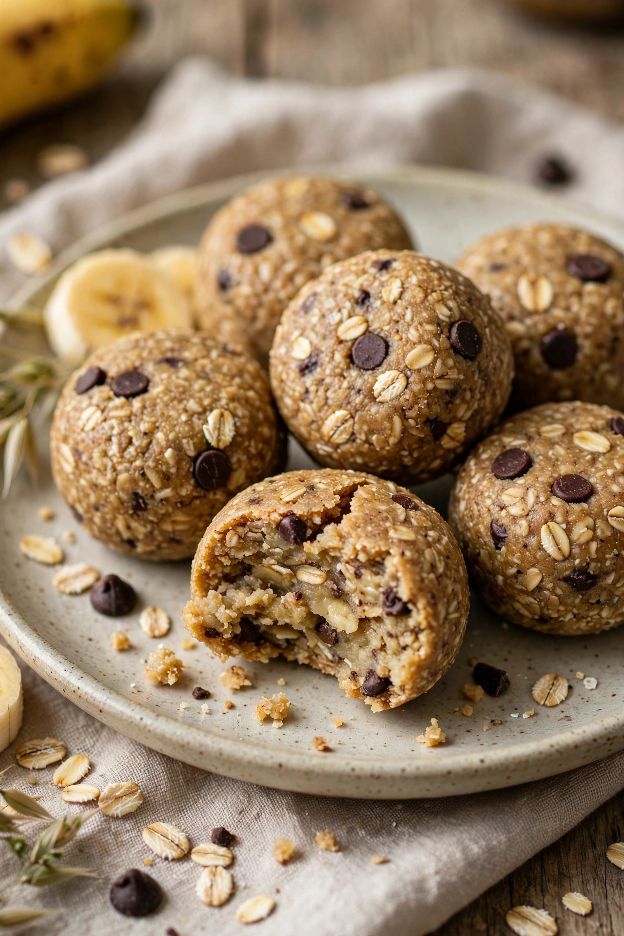 Banana oat energy bites with chocolate chips on a plate, one broken open