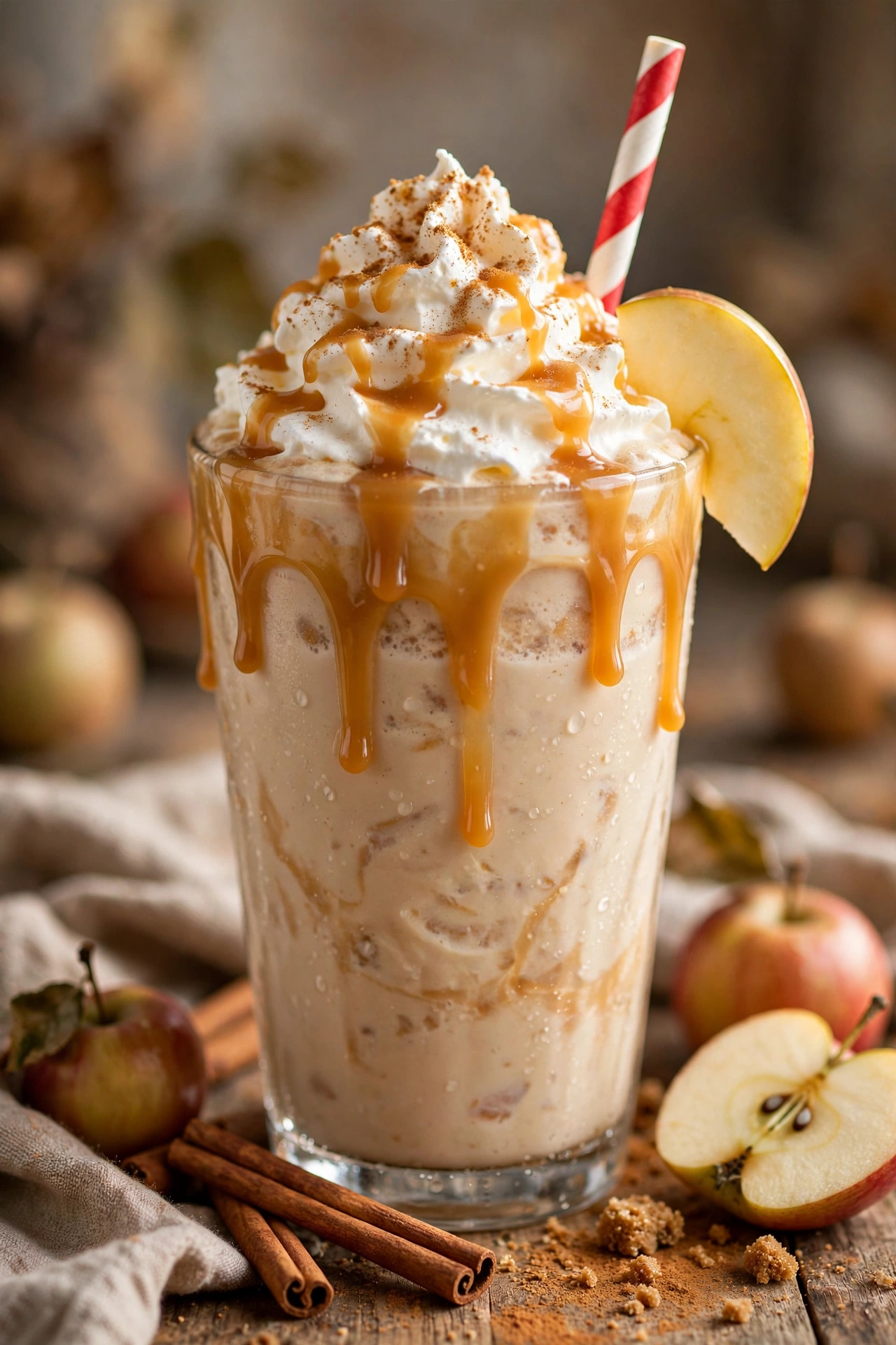 Caramel apple milkshake with whipped cream and cinnamon