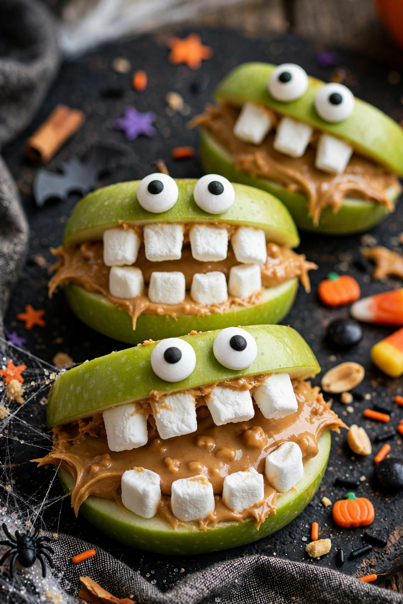 Halloween monster apple bites with peanut butter candy eyes and marshmallow teeth