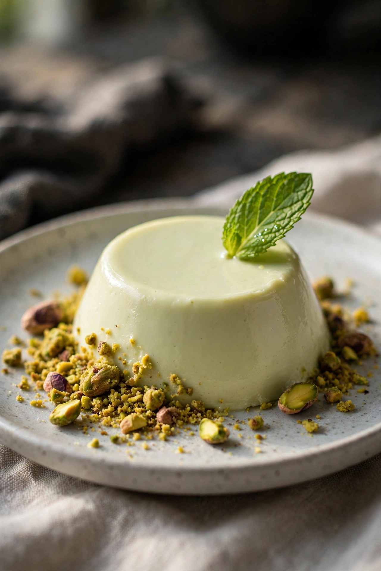 Pistachio panna cotta unmolded with pistachio crumble