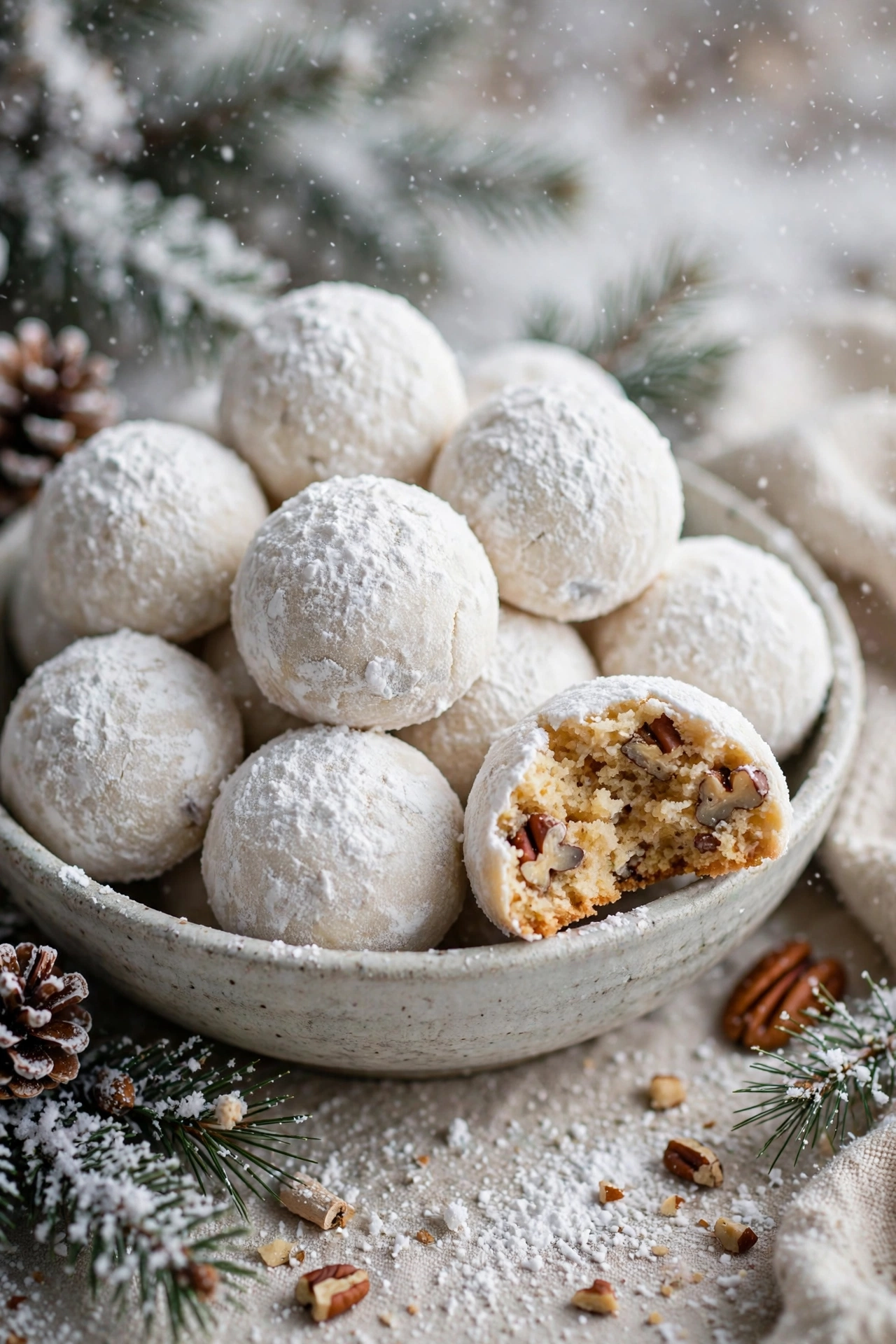 Snowball cookies coated in powdered sugar piled in a bowl