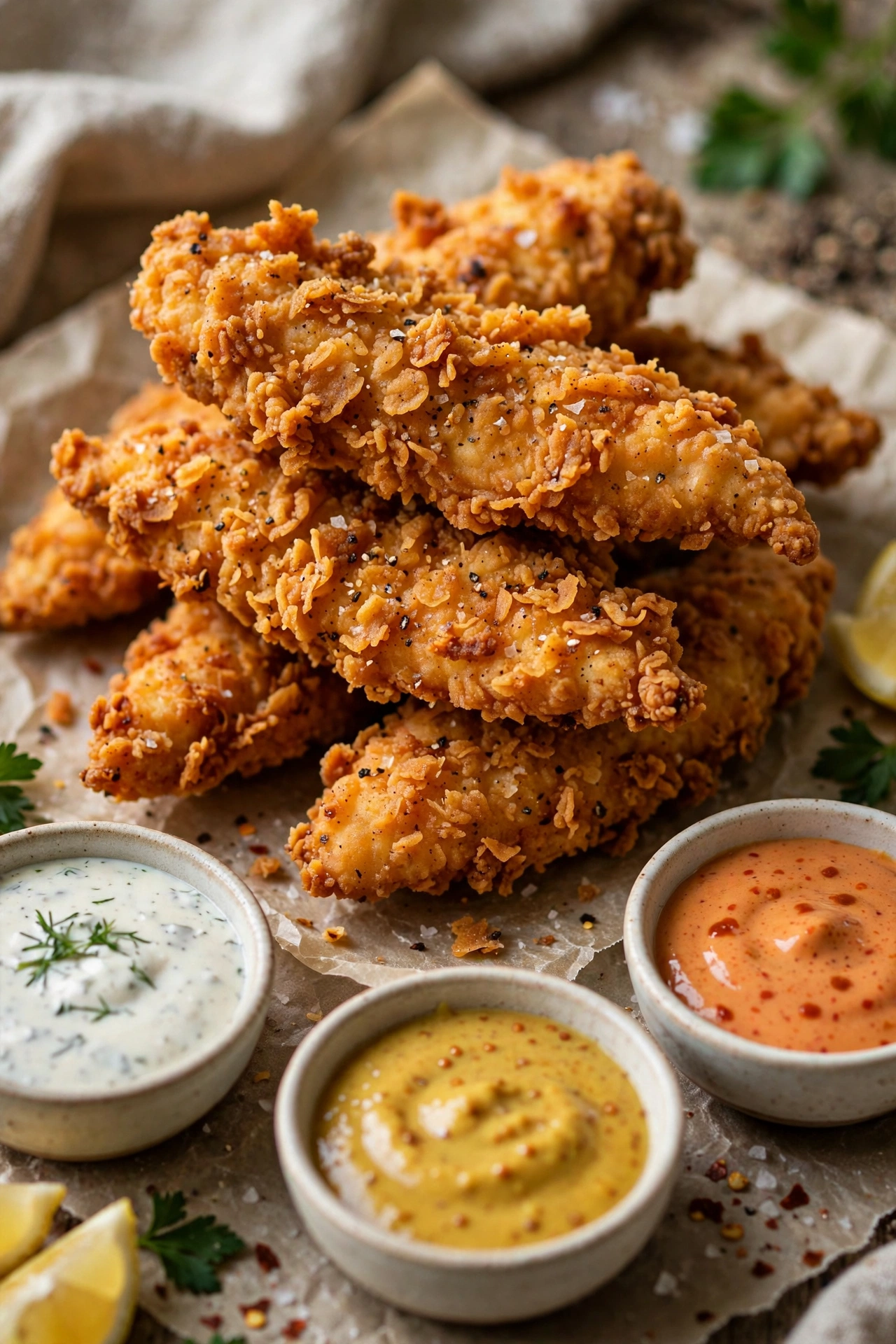 Crispy copycat chicken tenders with dipping sauces