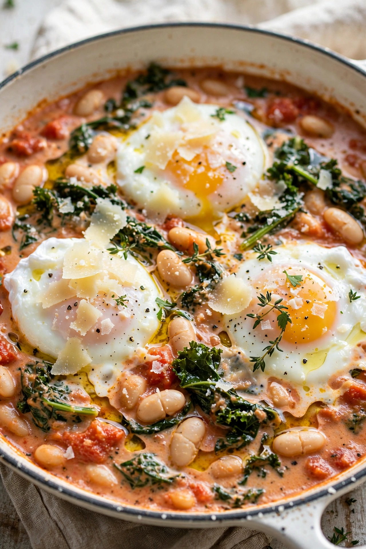 White bean shakshuka with cannellini beans and parmesan in a white skillet