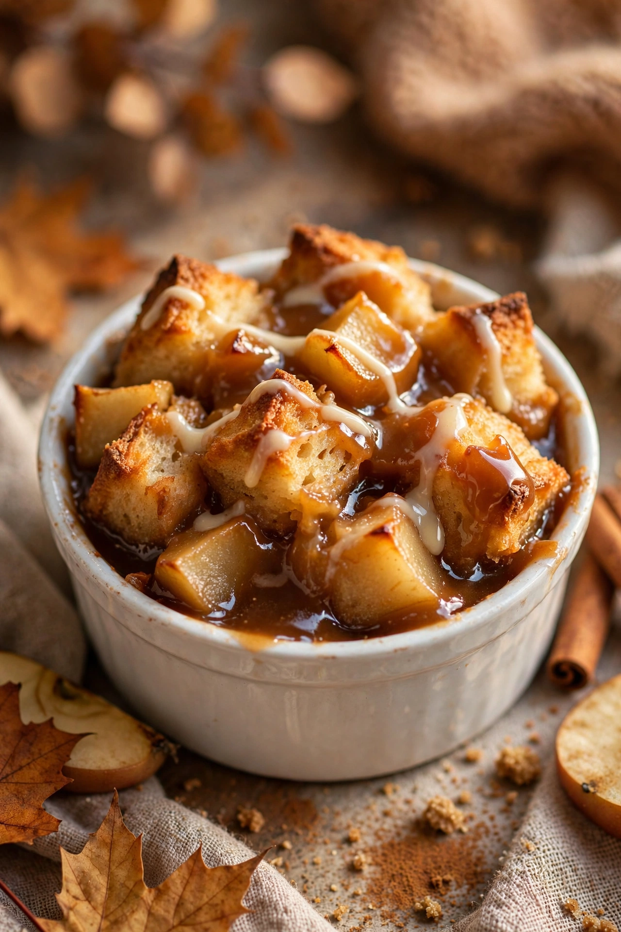 Caramel apple bread pudding with caramel sauce in a ramekin