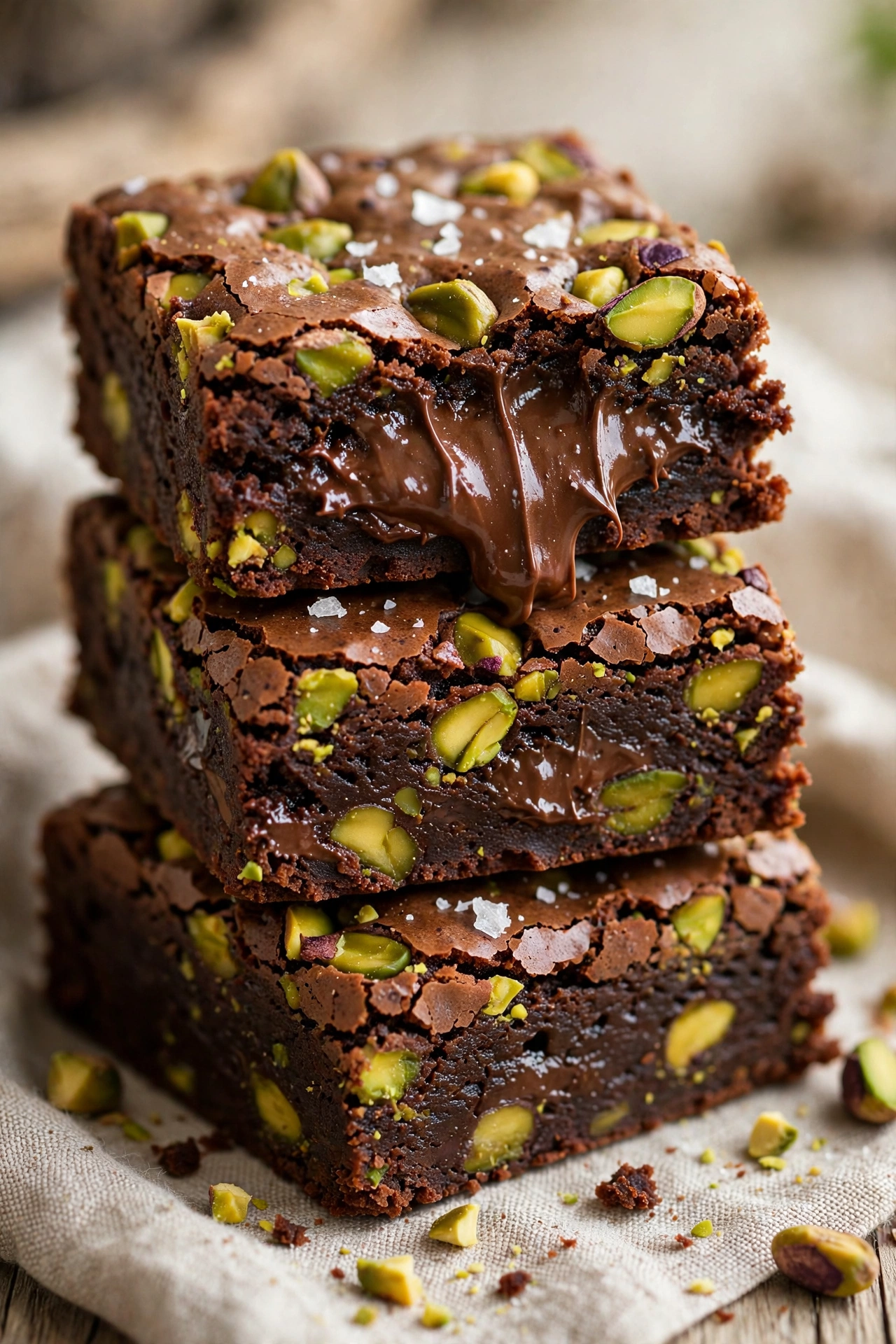 Fudgy pistachio brownies cut into squares with sea salt
