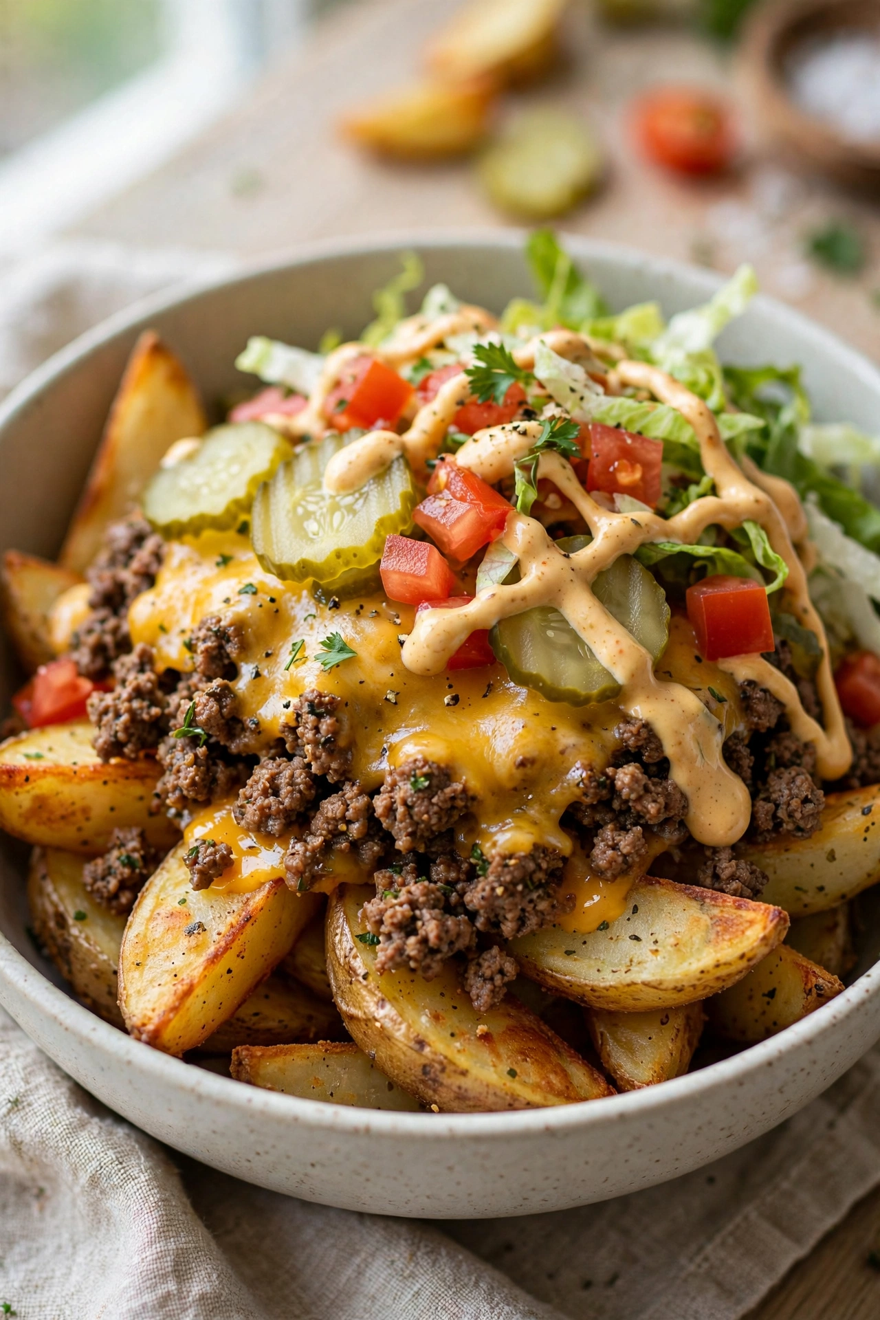 Deconstructed burger bowl with beef, cheddar and pickles over potato wedges