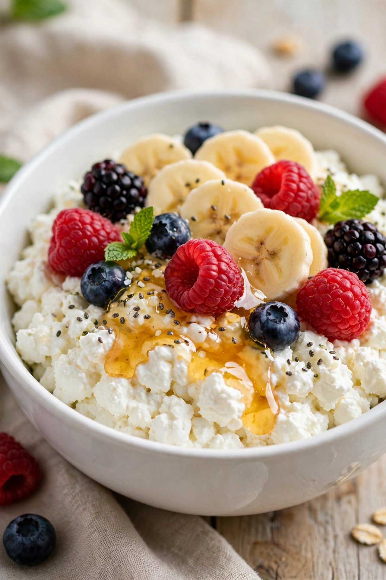 Cottage cheese power bowl topped with berries banana and honey