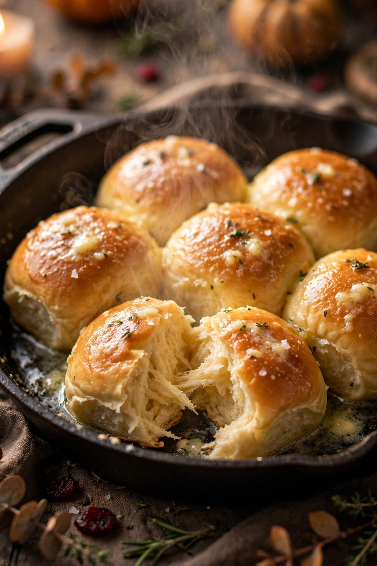Buttery golden dinner rolls in a cast iron skillet, one torn open