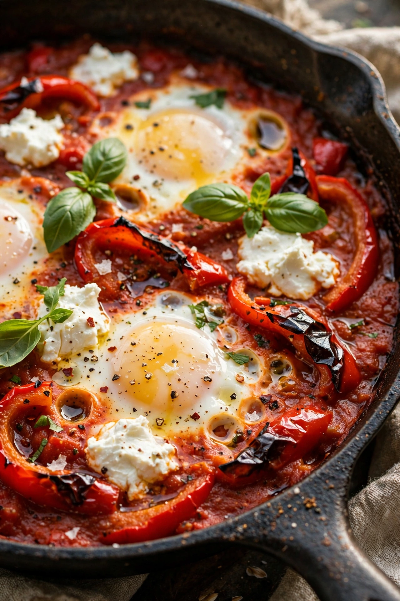 Roasted red pepper shakshuka with melting goat cheese dollops and basil