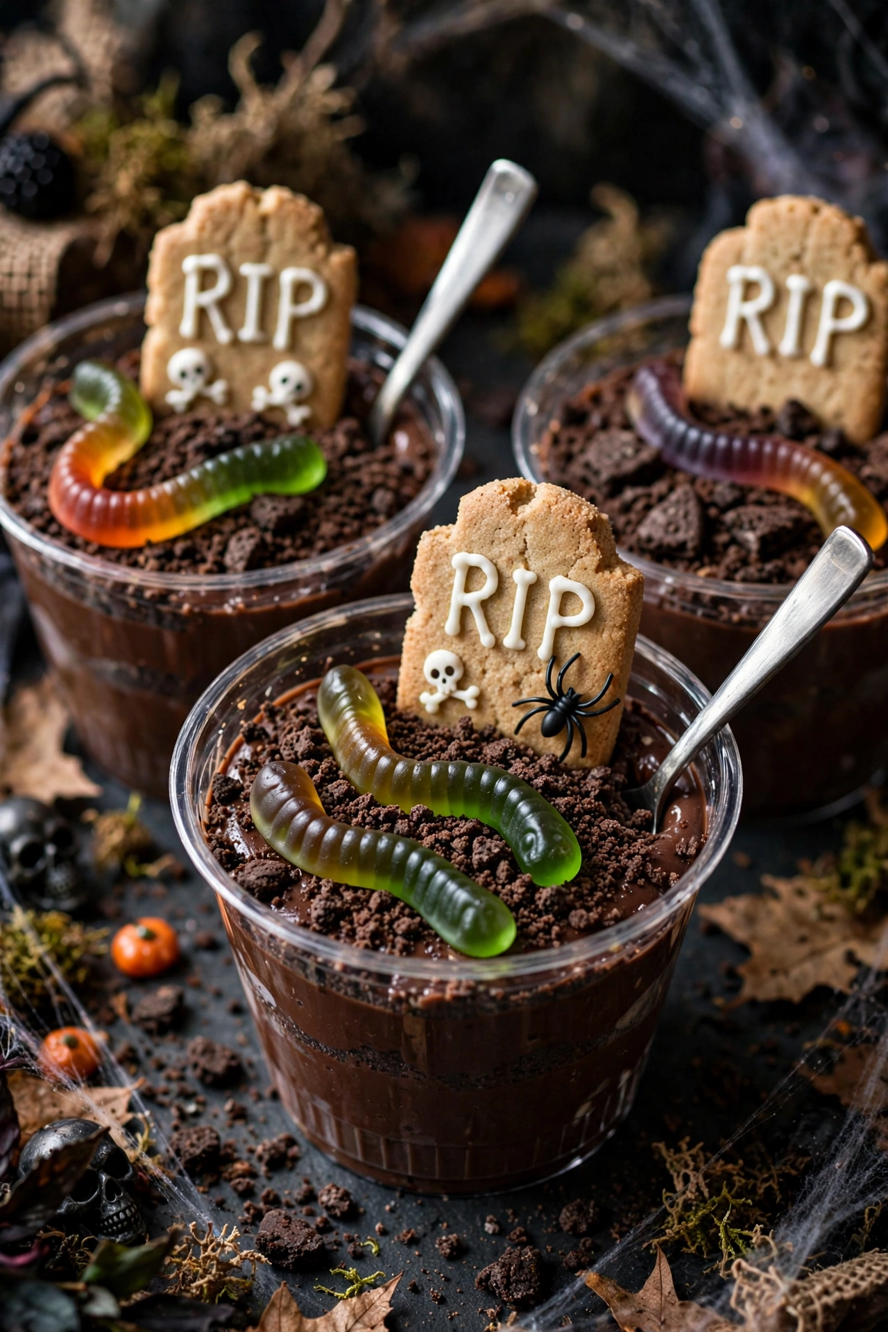 Halloween graveyard dirt cups with chocolate pudding cookie crumbs and tombstone cookies