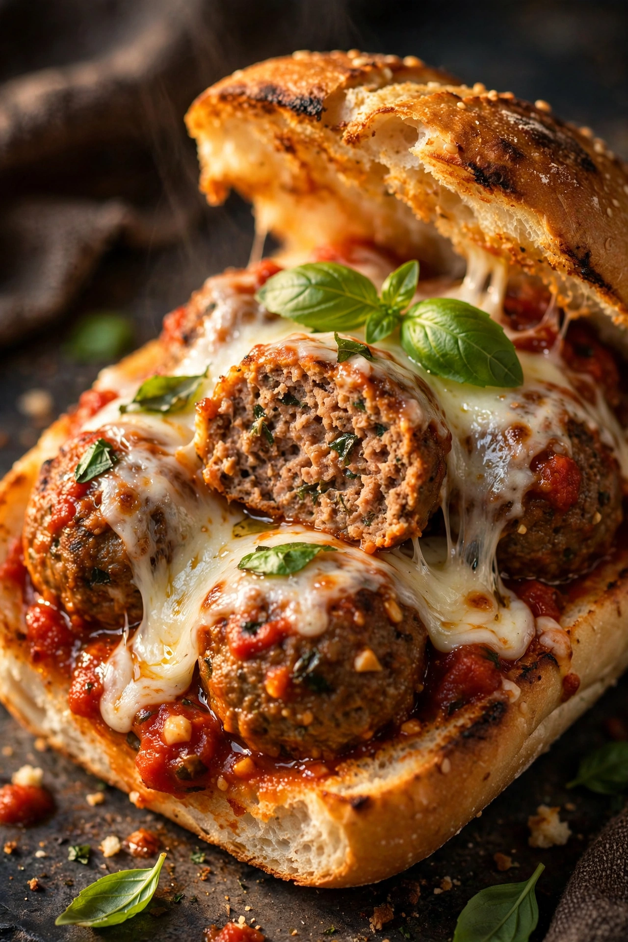 Basil meatball sub with marinara and melted mozzarella in a hoagie