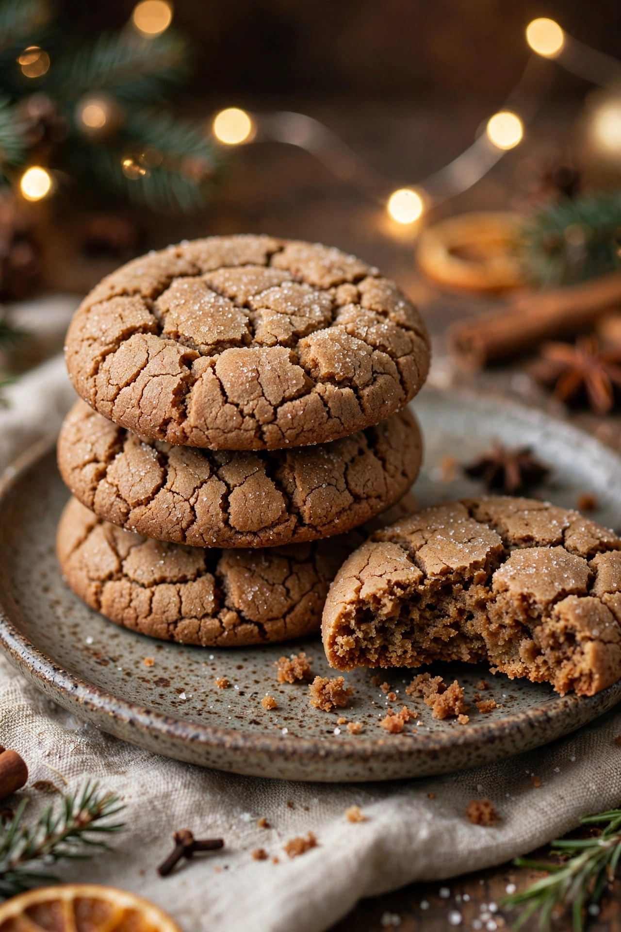 Soft molasses spice cookies with crackled sugar tops on a rustic plate