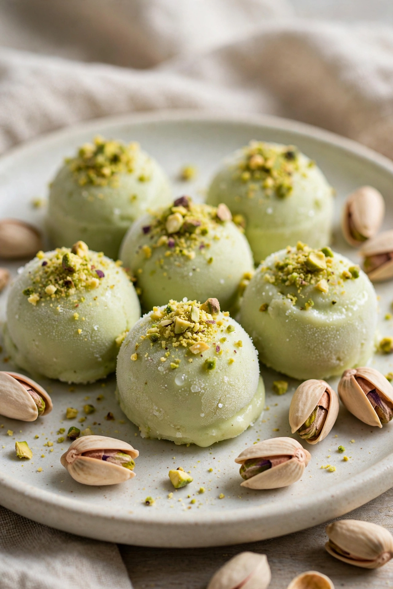 Pistachio frozen yogurt bites topped with crushed pistachios on a ceramic plate