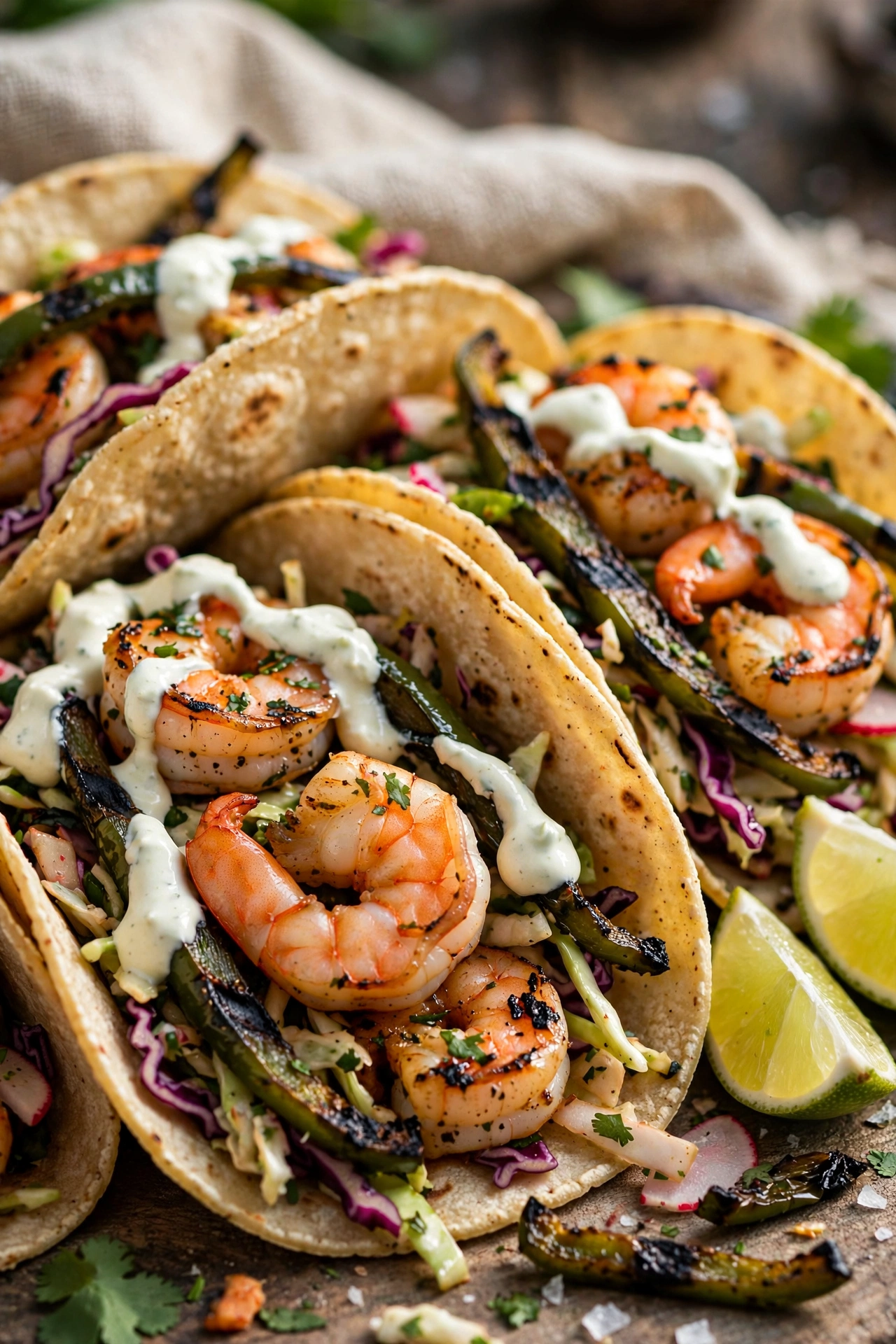Poblano shrimp tacos with charred poblano strips and lime crema in corn tortillas