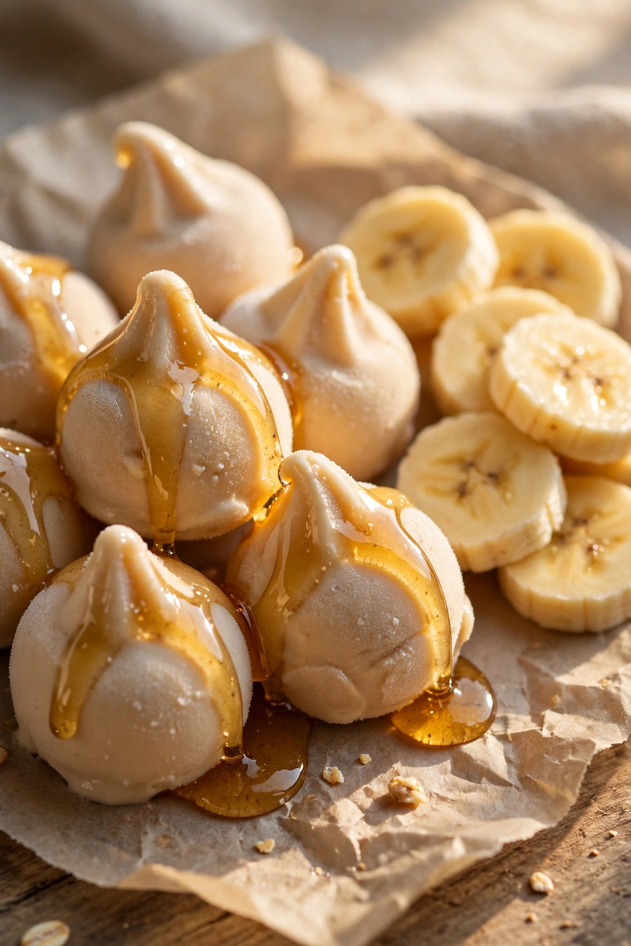 Banana honey frozen yogurt bites drizzled with honey and banana slices on parchment