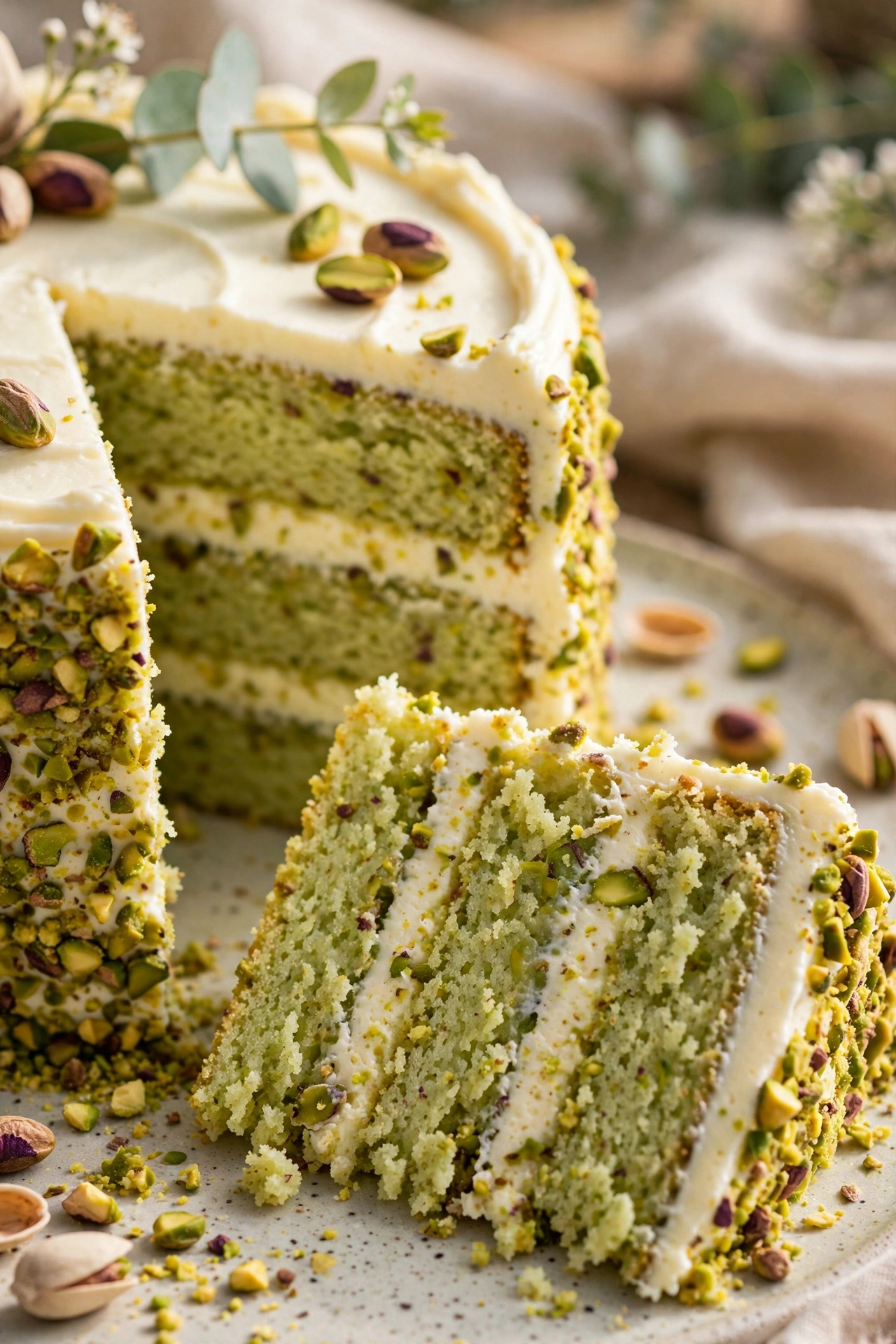 Pistachio layer cake with cream frosting and crushed pistachios