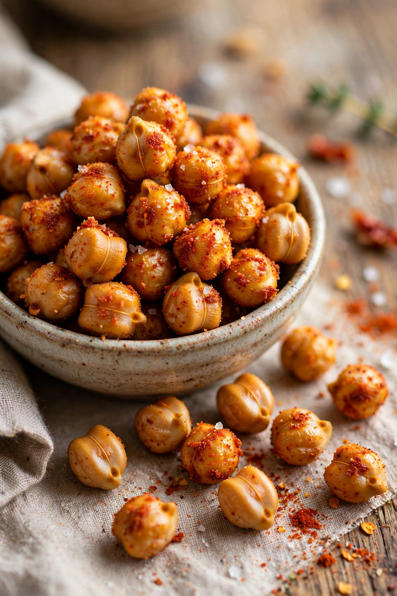 Crunchy roasted chickpeas with paprika seasoning in a small bowl