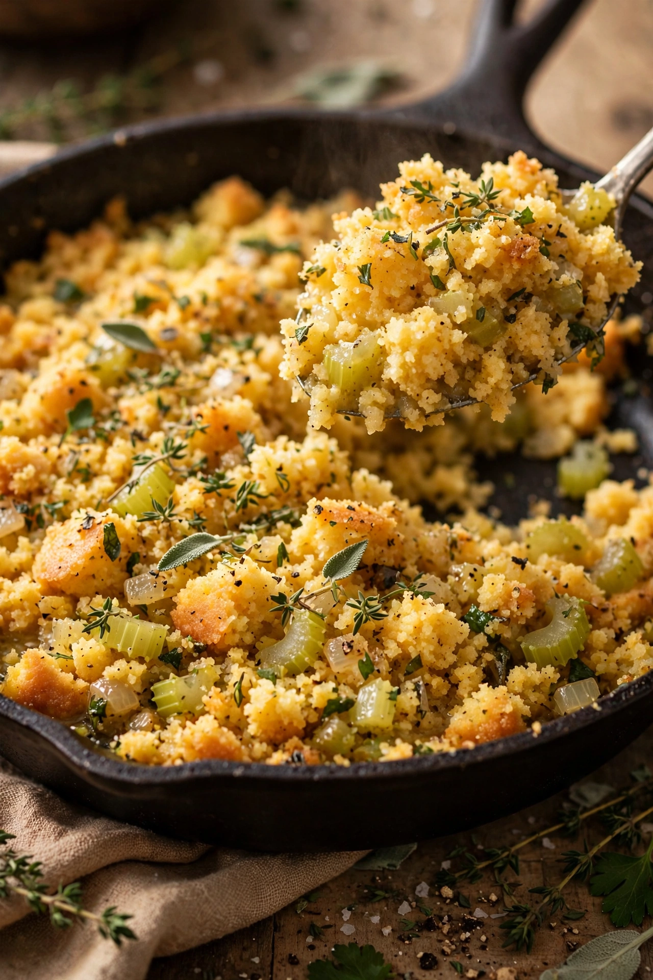 Southern cornbread dressing with herbs in a cast iron skillet