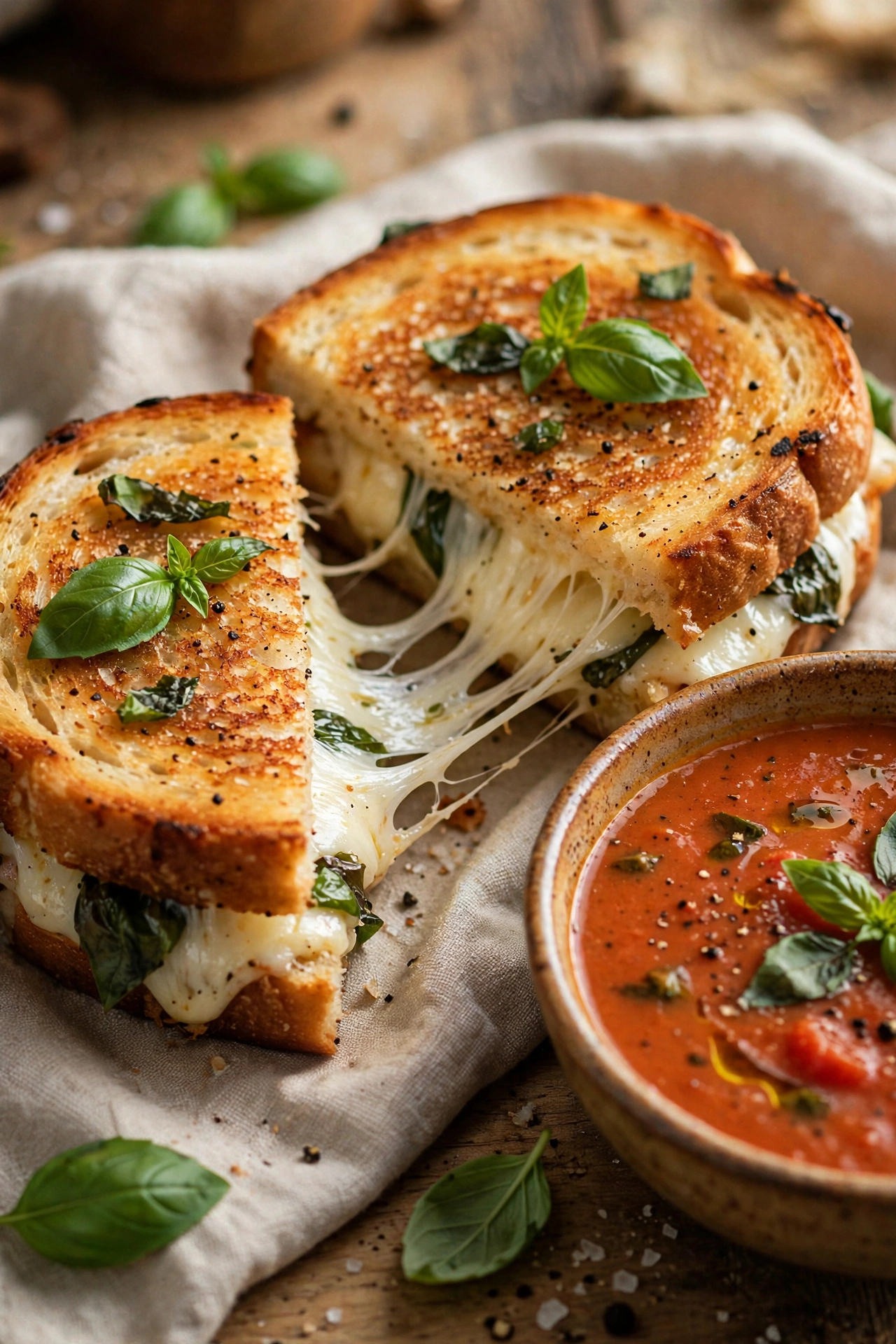 Basil grilled cheese with tomato soup for dipping