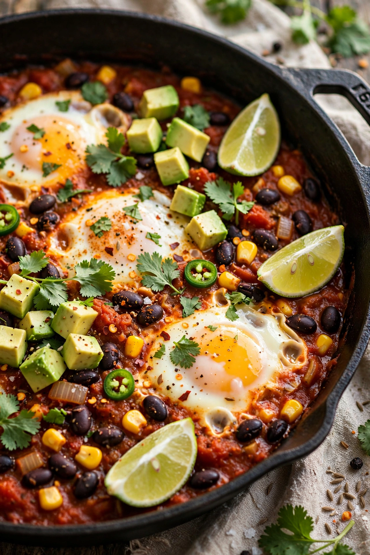 Mexican shakshuka with black beans, corn, avocado and lime in a skillet