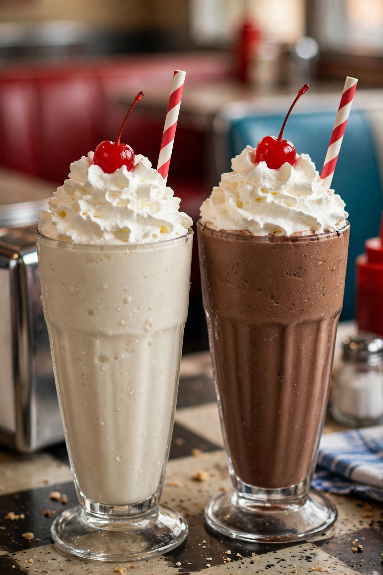 Thick diner milkshakes with whipped cream and cherries