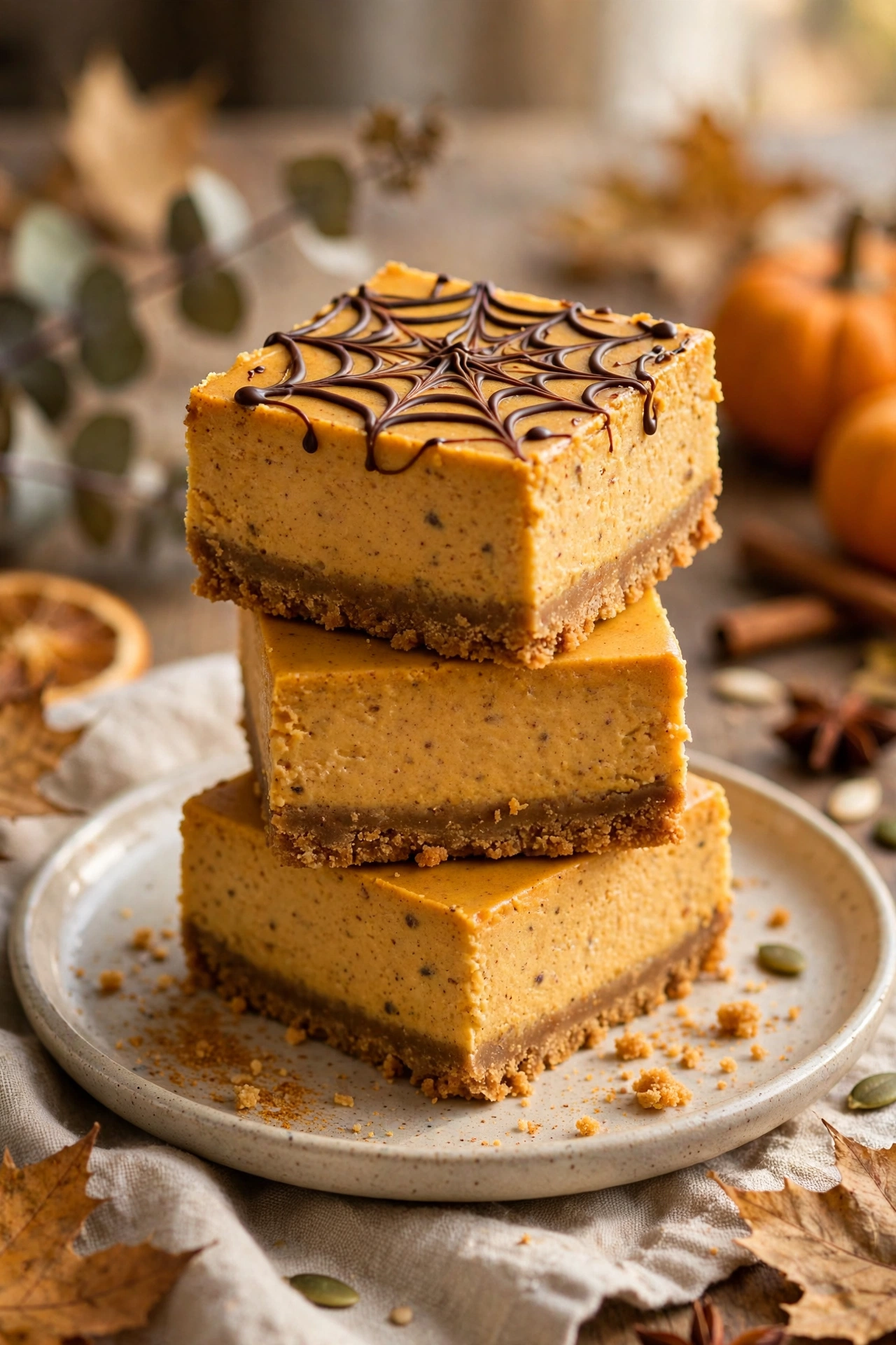 Pumpkin cheesecake bars with chocolate spiderweb drizzle on a plate