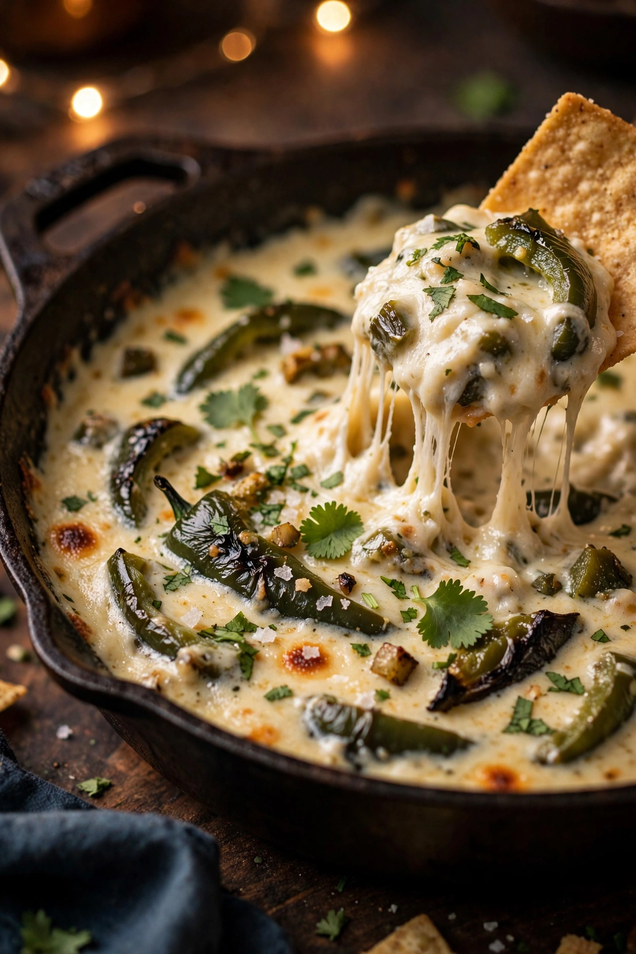 Roasted poblano queso dip with cheese pull in a cast iron skillet