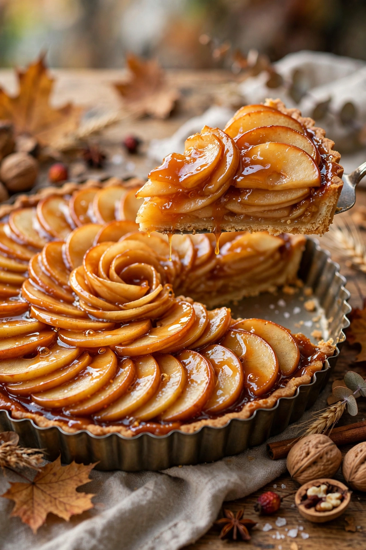 Caramel apple tart with apple rosettes and caramel glaze